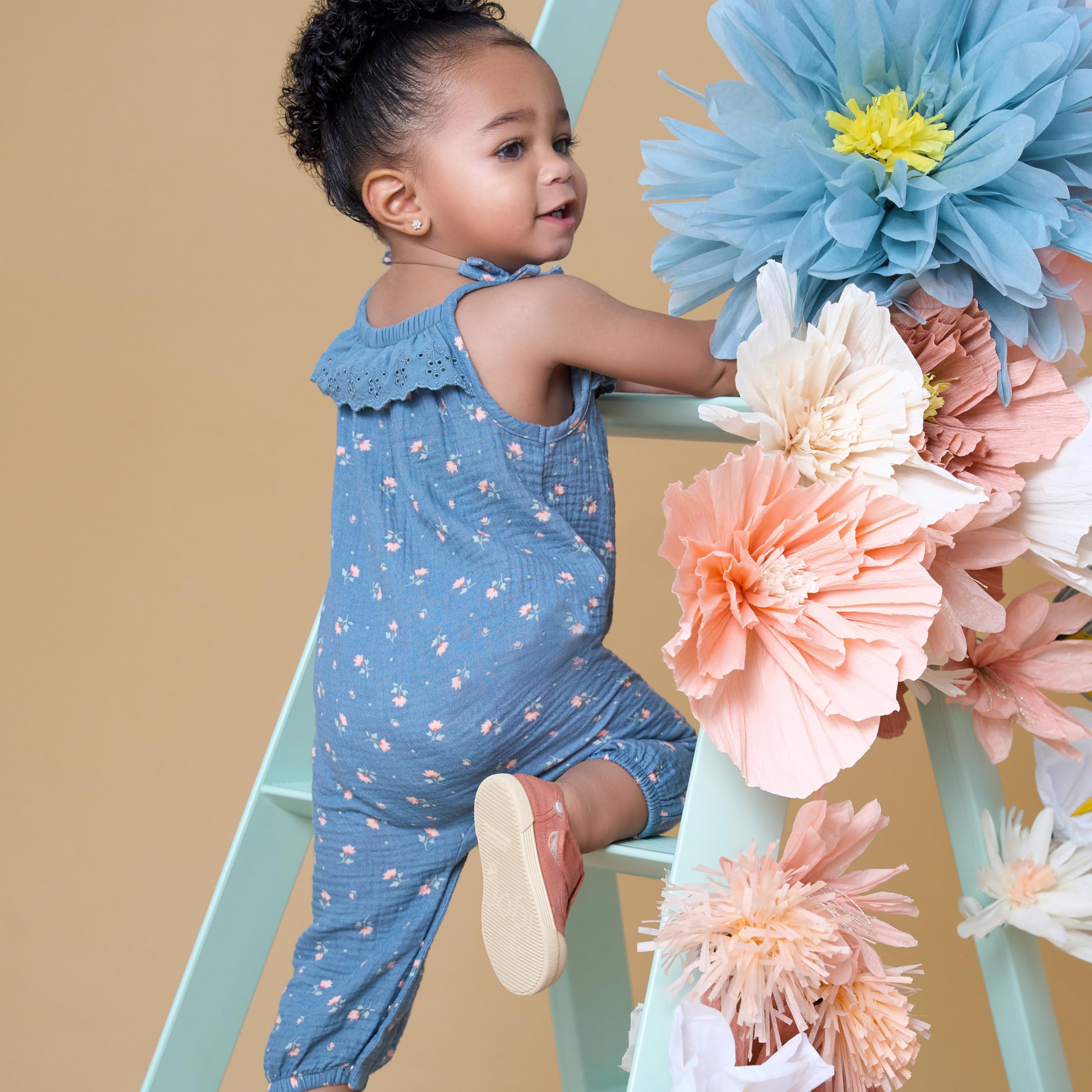 Modern Moments by Gerber Baby Girls' Sleeveless Ruffle Romper, Dark Teal Aster Flower, 6-9 Months