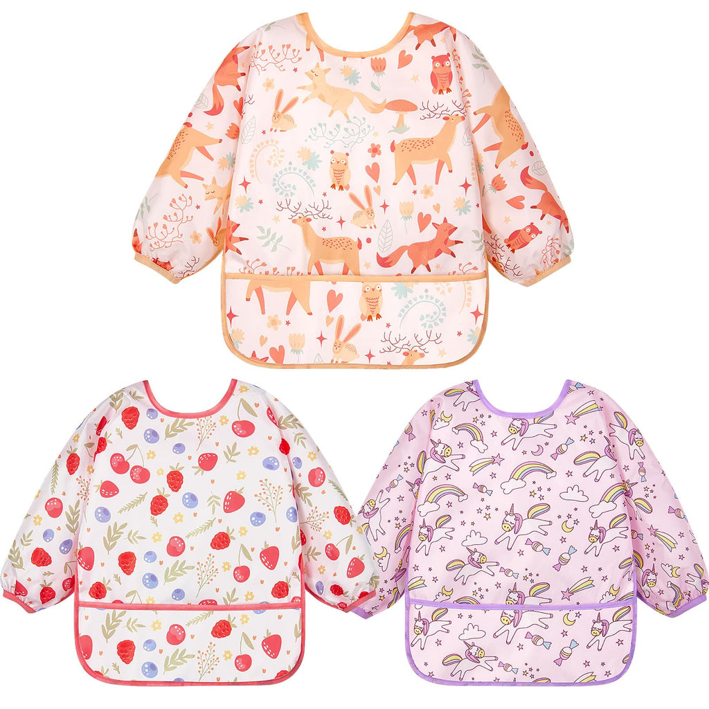 Lictin 3 Pack Baby Bibs for Boy or Girl, Cute Long Sleeve Bib, Waterproof Bibs for Toddlers,Adjustable Closure Baby Smock, Mess Proof Baby Bib, 6-24 Months Reusable Infant Baby Bibs
