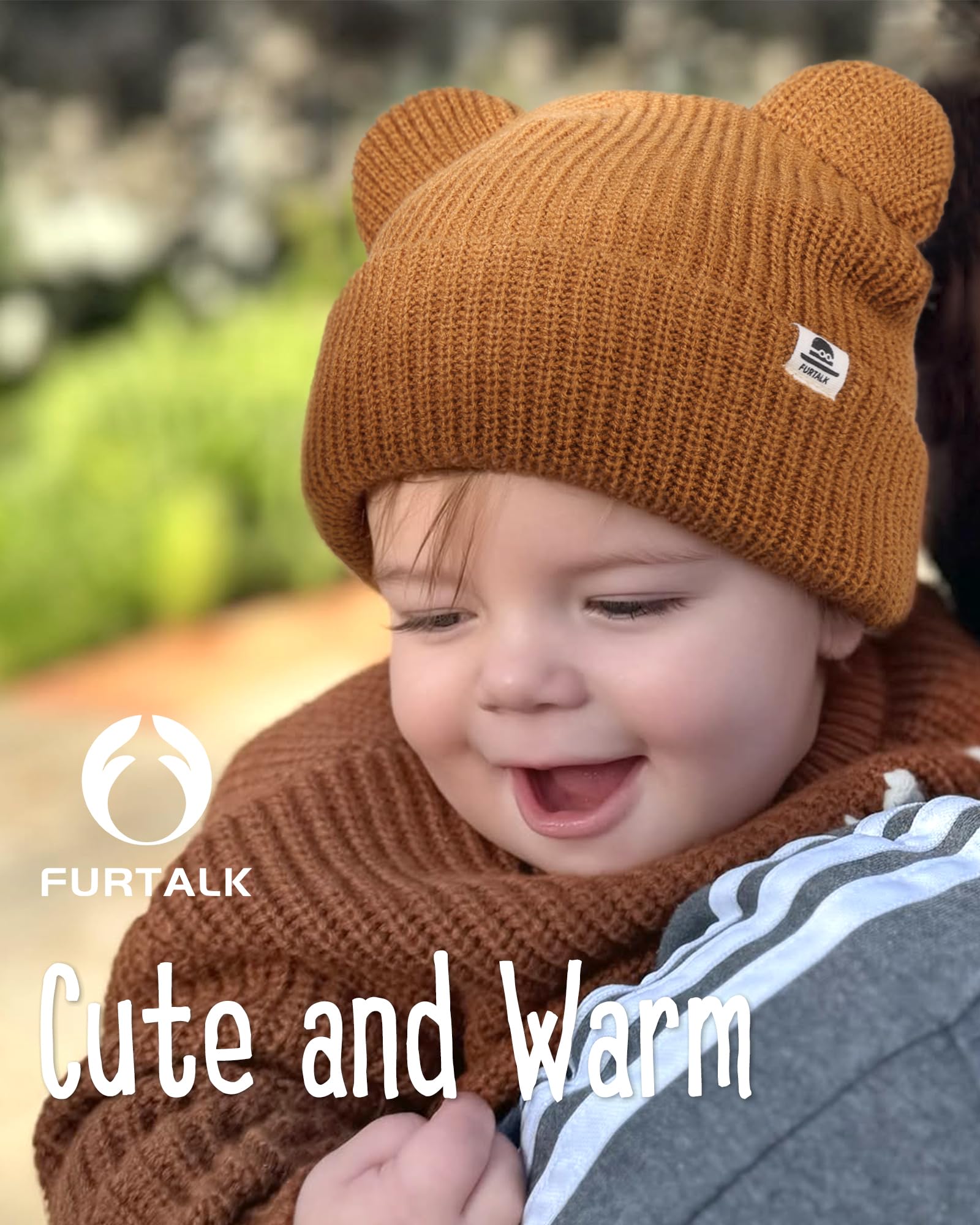 FURTALK Baby Beanie Winter Hat with Bear Ear for Infant Toddler Boys Girls Soft Knitted Skull Cap Beige+Pink+Caramel 0-6 Months