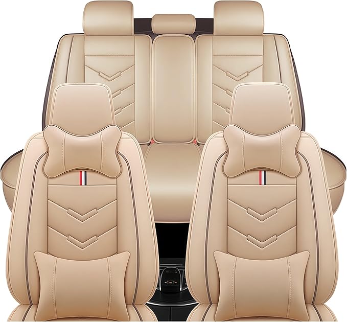 Leather Car Seat Covers Fit for LR Defender 2020-2025, 5 Seater Waterproof and Wear-Resistant Seat Cover Interior Accessories(Full Set with Pillow,Beige)