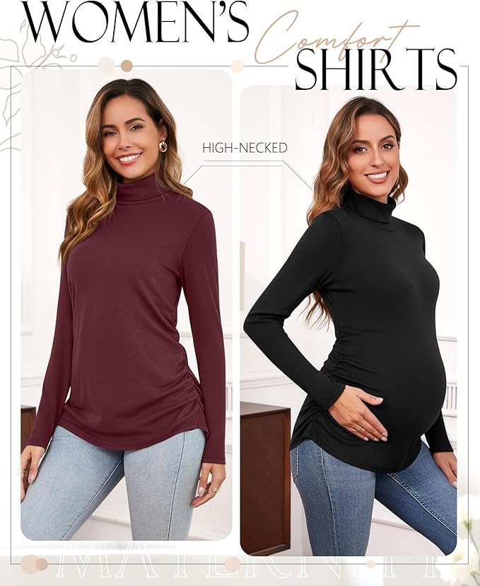 Ficerd 3 Pack Women's Maternity Shirts, Turtleneck Long Sleeve Pregnancy Tops Casual Side Ruched Maternity Tees Mama Clothes