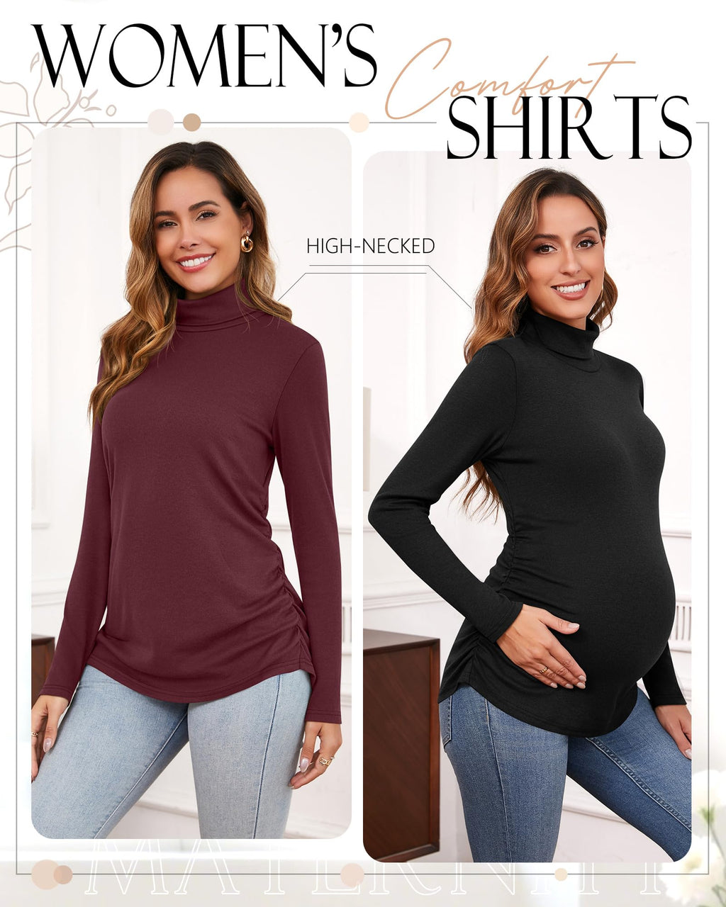 Ficerd 3 Pack Women's Maternity Shirts, Turtleneck Long Sleeve Pregnancy Tops Casual Side Ruched Maternity Tees Mama Clothes(Black, Navy Blue, Burgundy,Small)