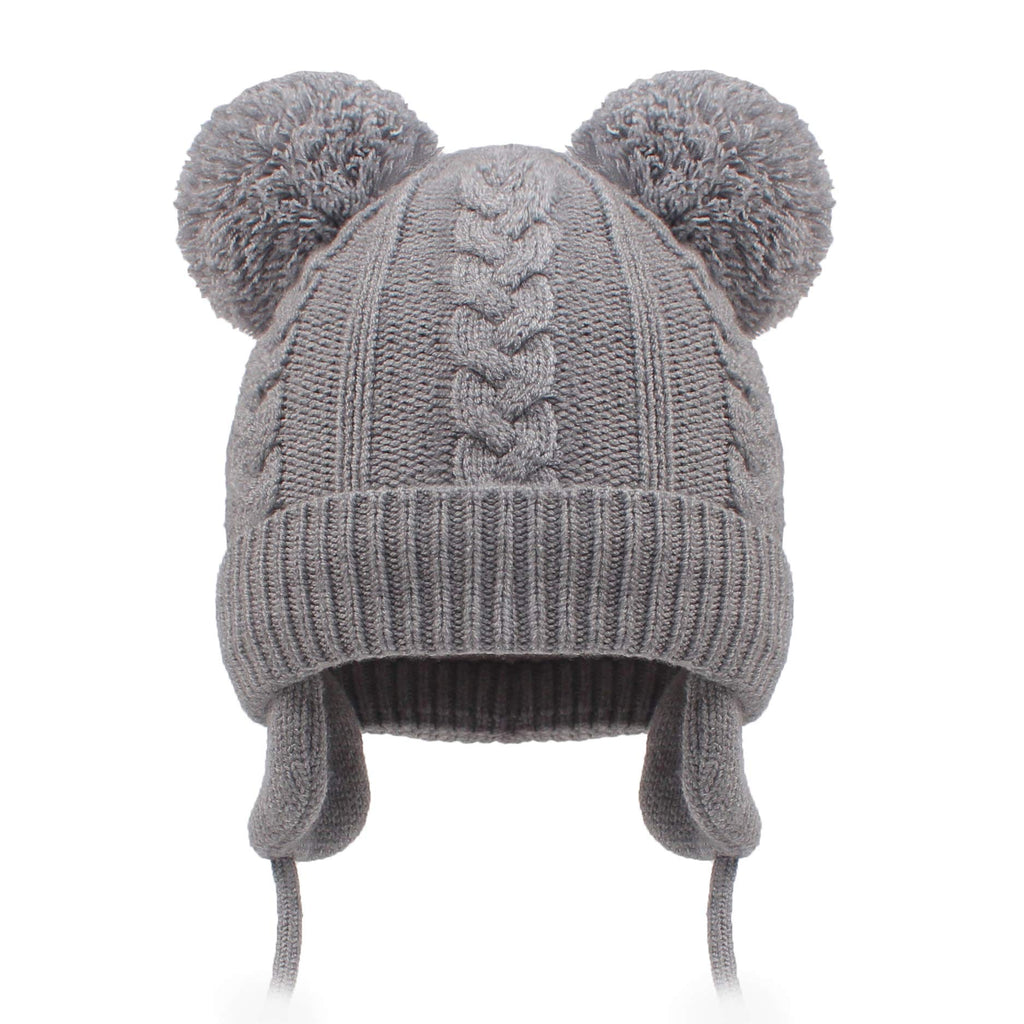 Duoyeree Toddler Winter Hat, Earflap Double Pom Pom Knit Beanie 0-36M