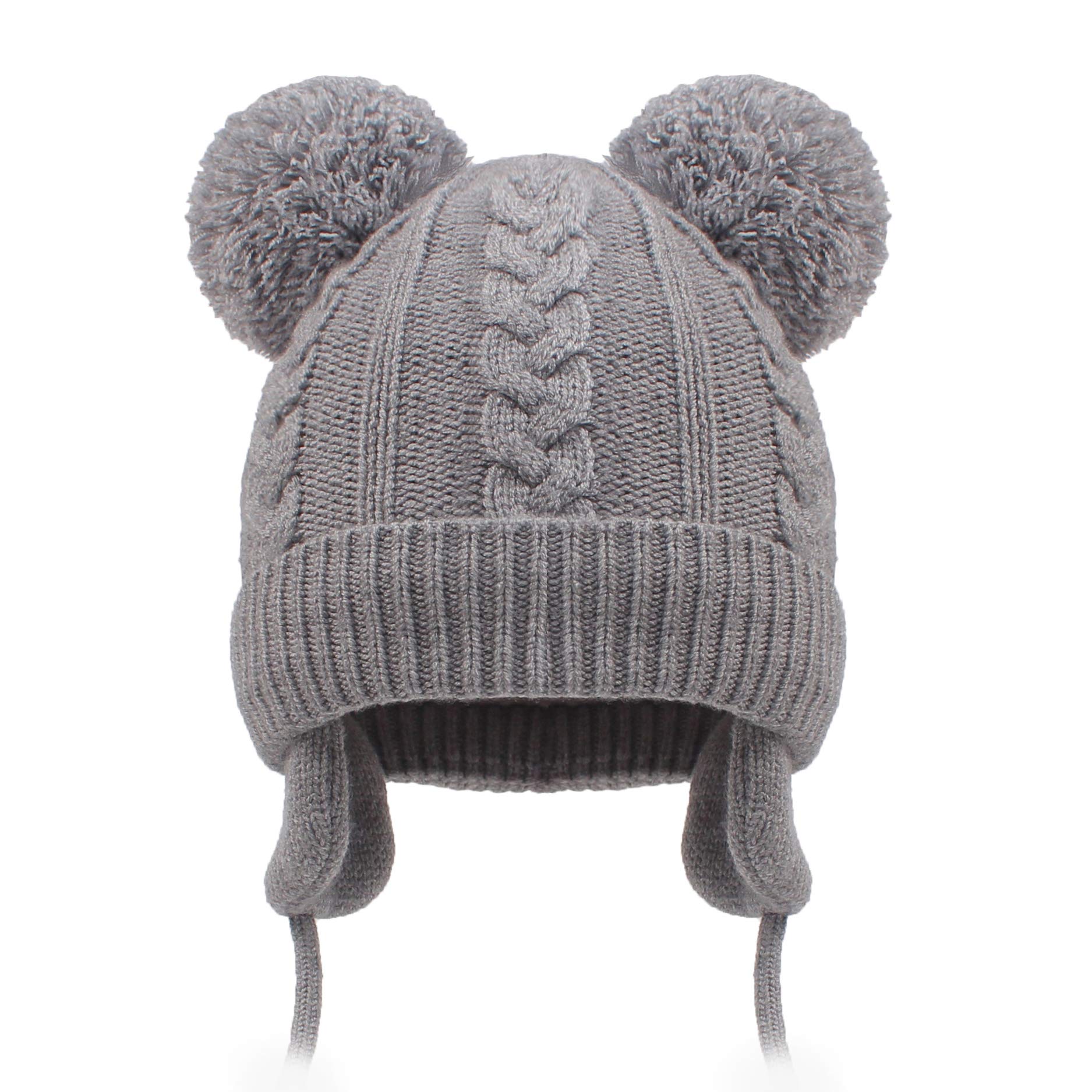 Duoyeree Toddler Winter Hat, Earflap Double Pom Pom Knit Beanie 0-36M