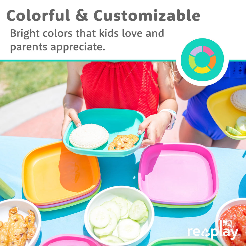 Re-Play Toddler Plates - 9 In and Bowls - 20 Oz. - Kids Plates and Bowls, Microwave and Dishwasher Safe - Set of 4x4 - Sage