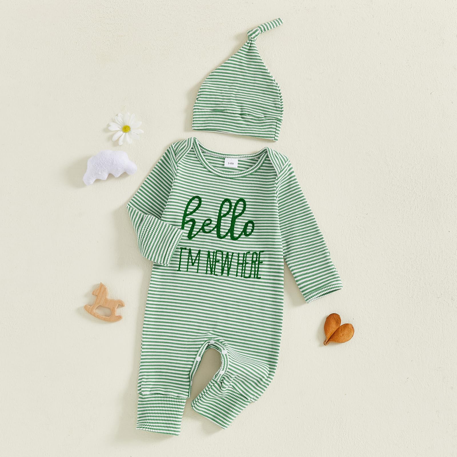 Fernvia Newborn Baby Boy Clothes Letters Print Bodysuit 3 6 9 12 18 Months Long Sleeve Jumpsuit with Hat 2PCS Outfits Set (D Green, 3-6 Months)