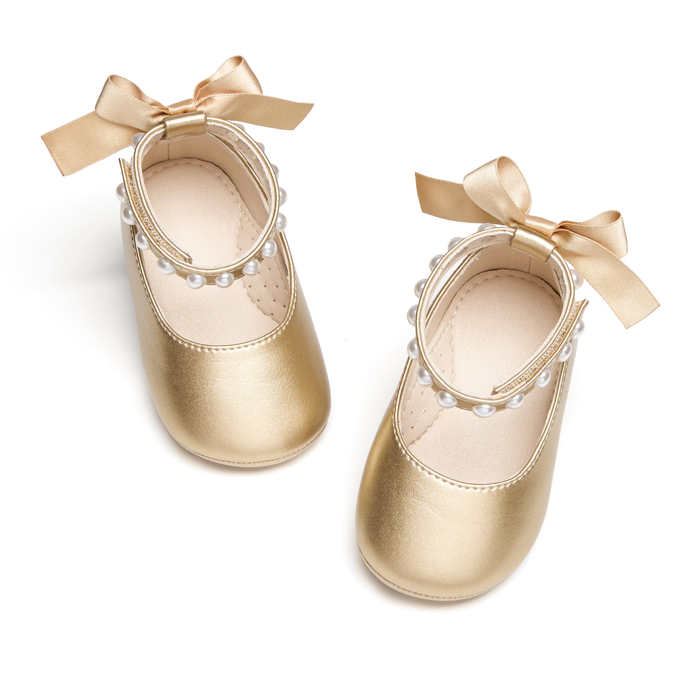 PHIRAMIN Baby Girls Gold Mary Jane Flats - Infant 9-12 Months Walking Shoes Soft Rubber Sole Princess Wedding