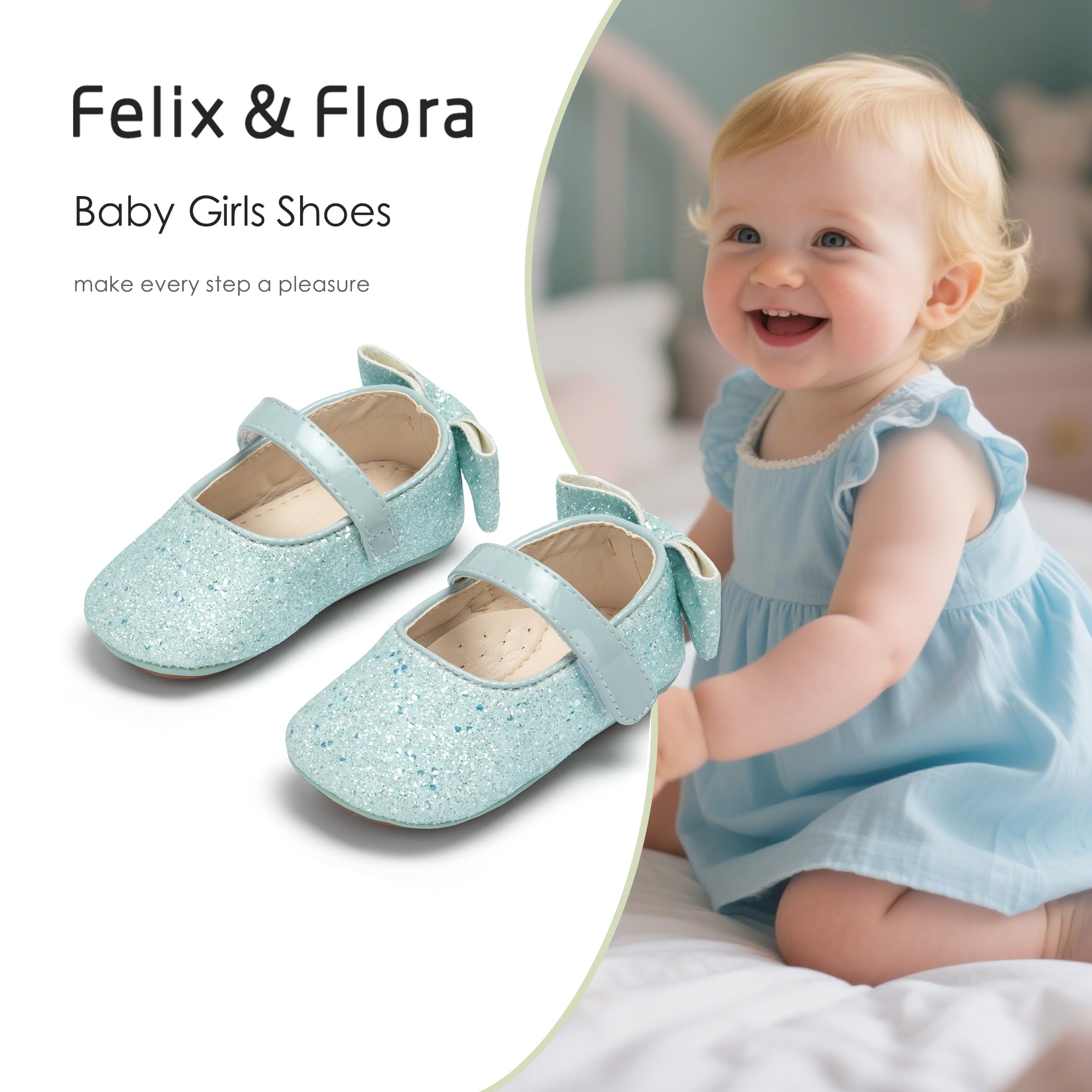 Felix & Flora Soft Sole Blue Baby Walking Shoes - Infant Moccasins Rubber Sole Crib Ballet Flats(Blue,12-18Months)