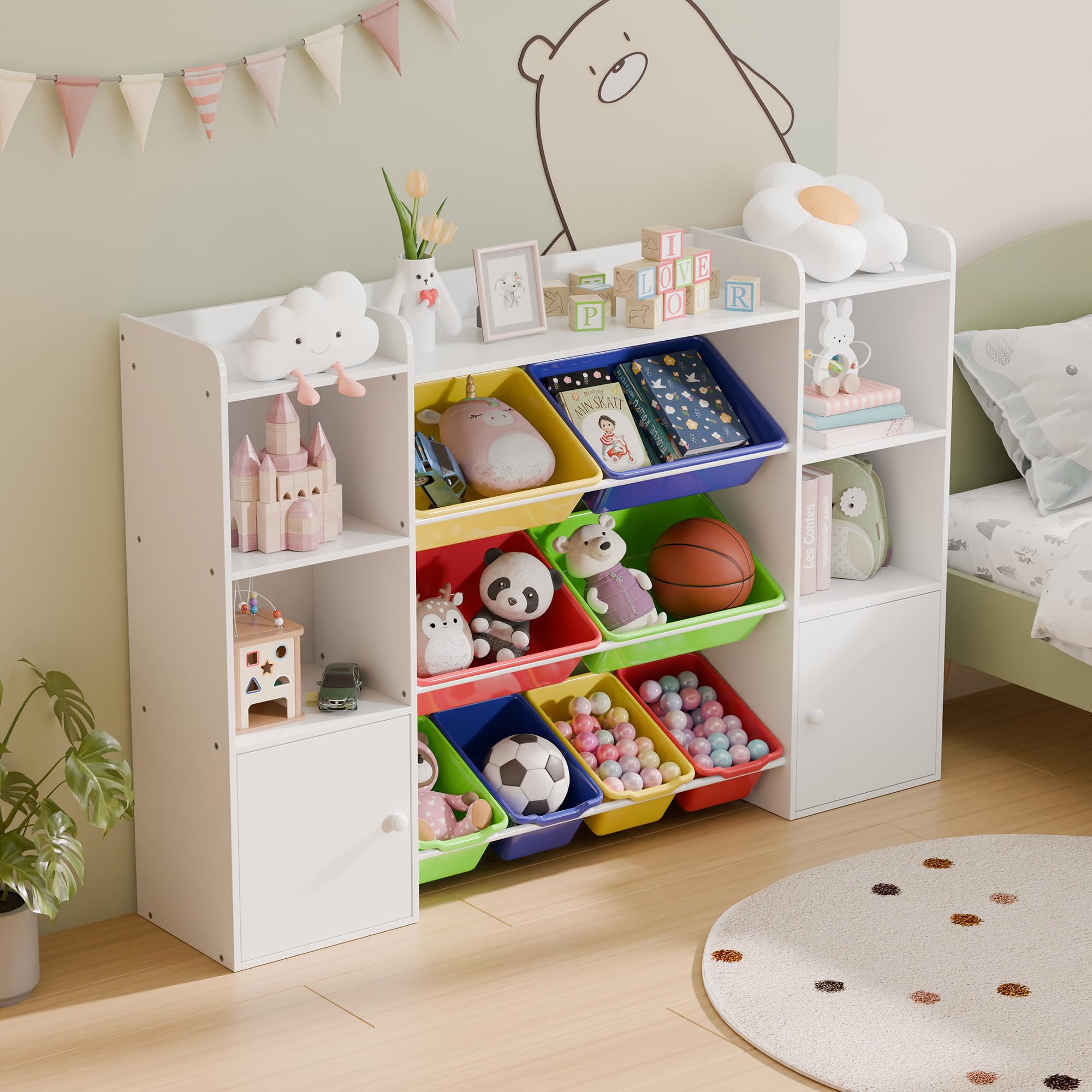 Large Kids Toy Storage Organizer, Toy Organizers and Storage with Bookshelf, Kid Bookshelf and Toy Storage with 6 Storage Cubbies and 8 Storage Bins for Kids' Rooms, Playrooms, and Nurseries