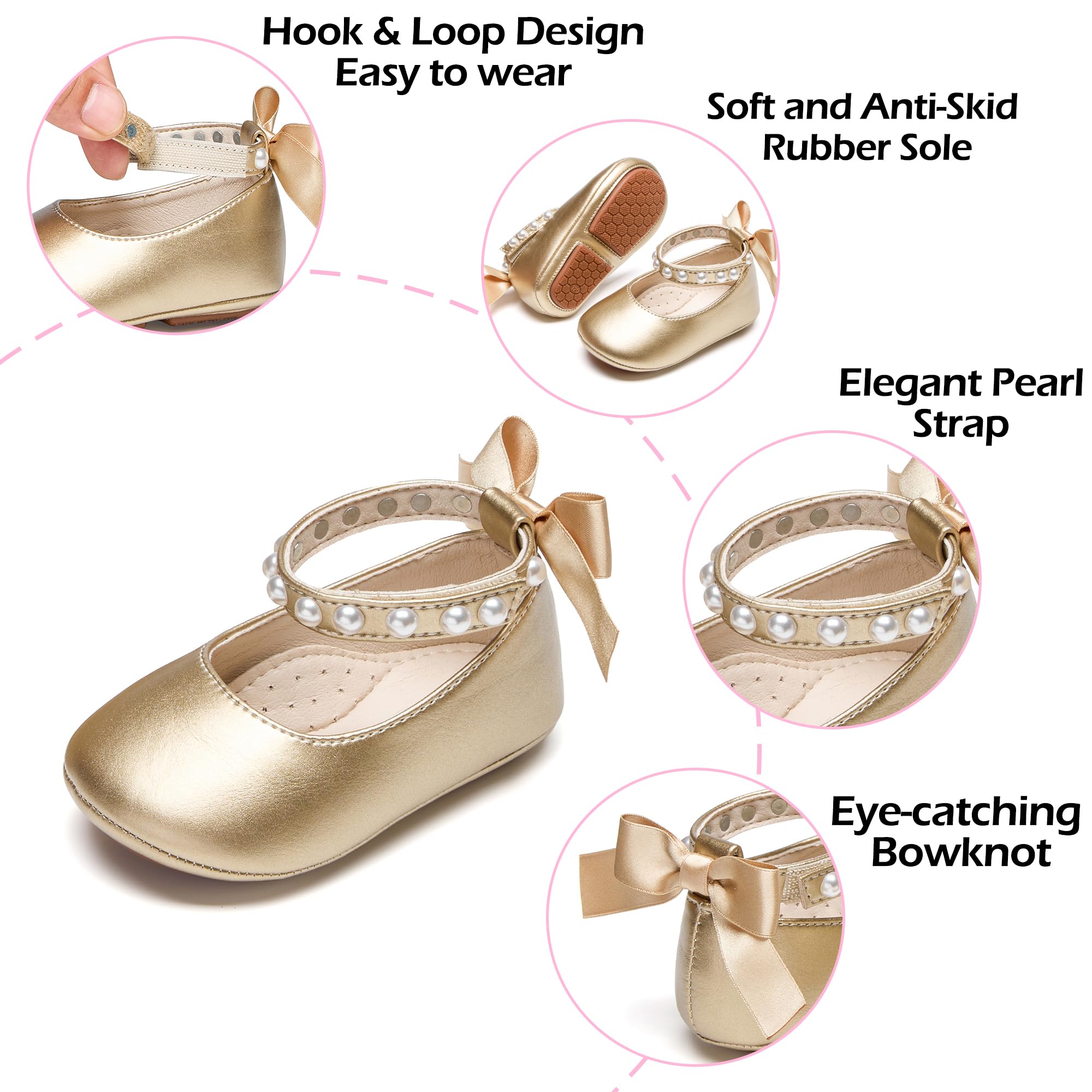 PHIRAMIN Baby Girls Gold Mary Jane Flats - Infant 9-12 Months Walking Shoes Soft Rubber Sole Princess Wedding