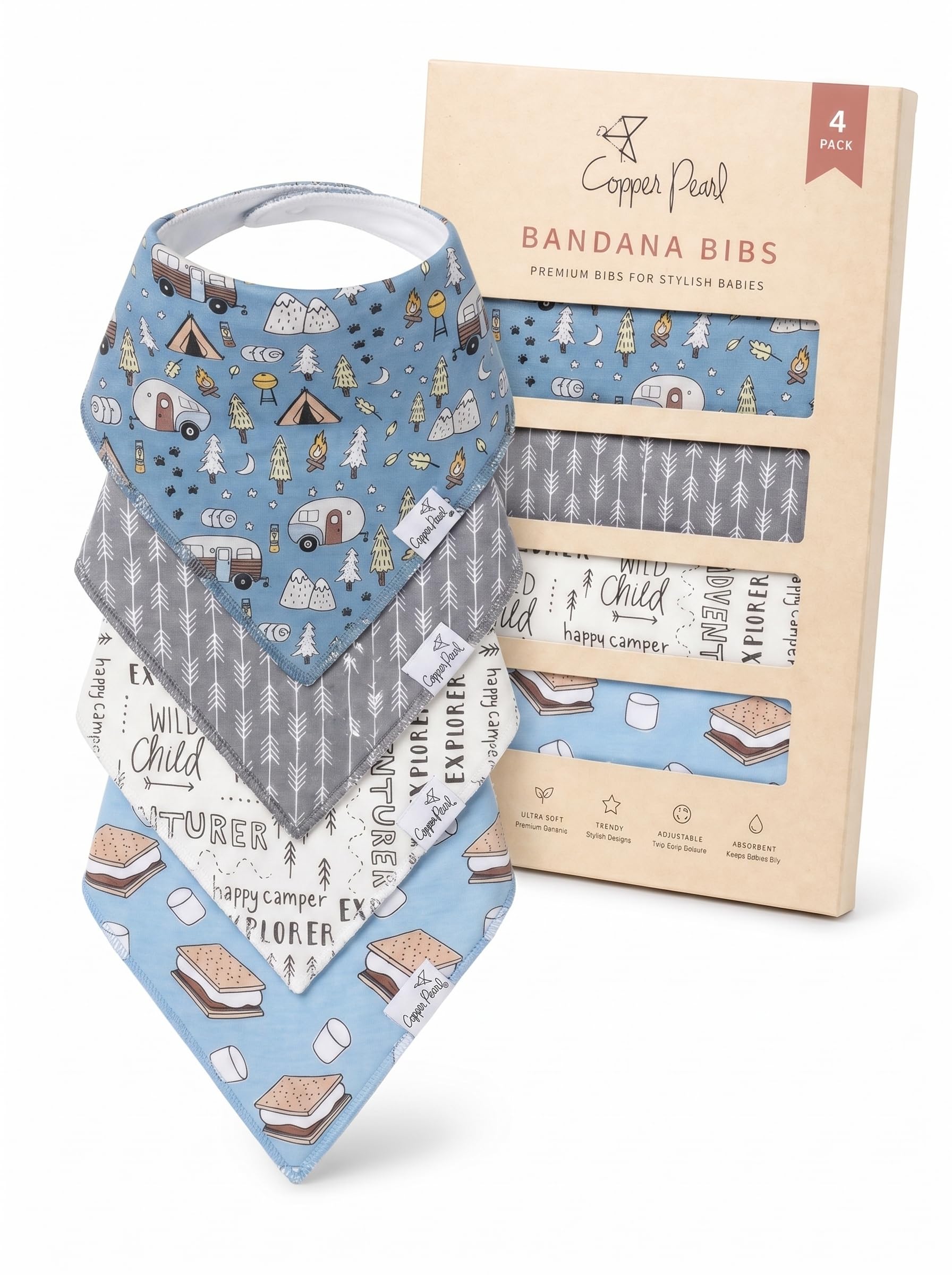 Copper Pearl Baby Bibs for Baby Boy or Girl – Bandana Drool Bibs for Teething, Absorbent Bibs for Eating, Newborn to Toddler, 4 Pack, Bridger