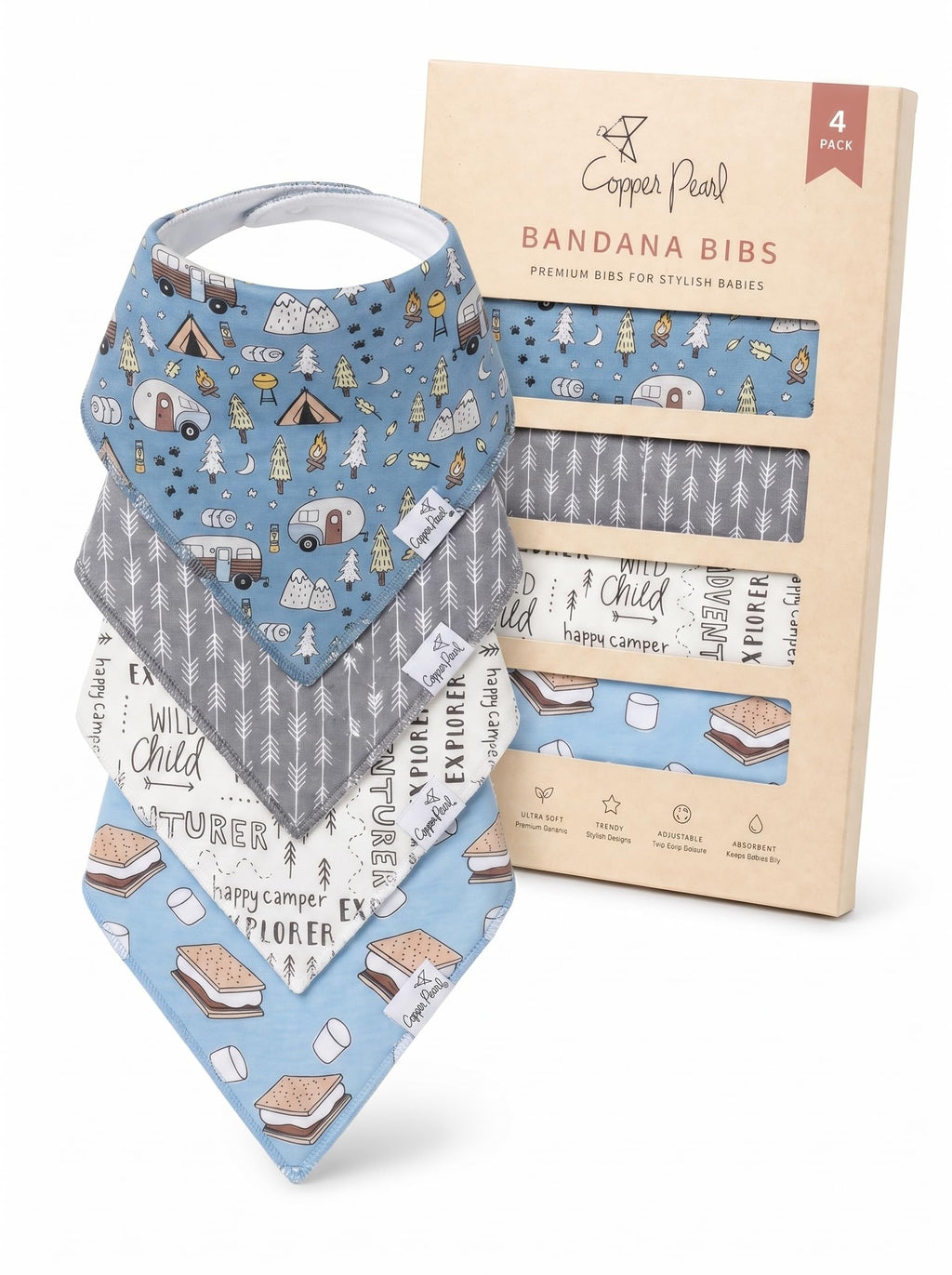 Copper Pearl Baby Bibs for Baby Boy or Girl – Bandana Drool Bibs for Teething, Absorbent Bibs for Eating, Newborn to Toddler, 4 Pack, Bridger