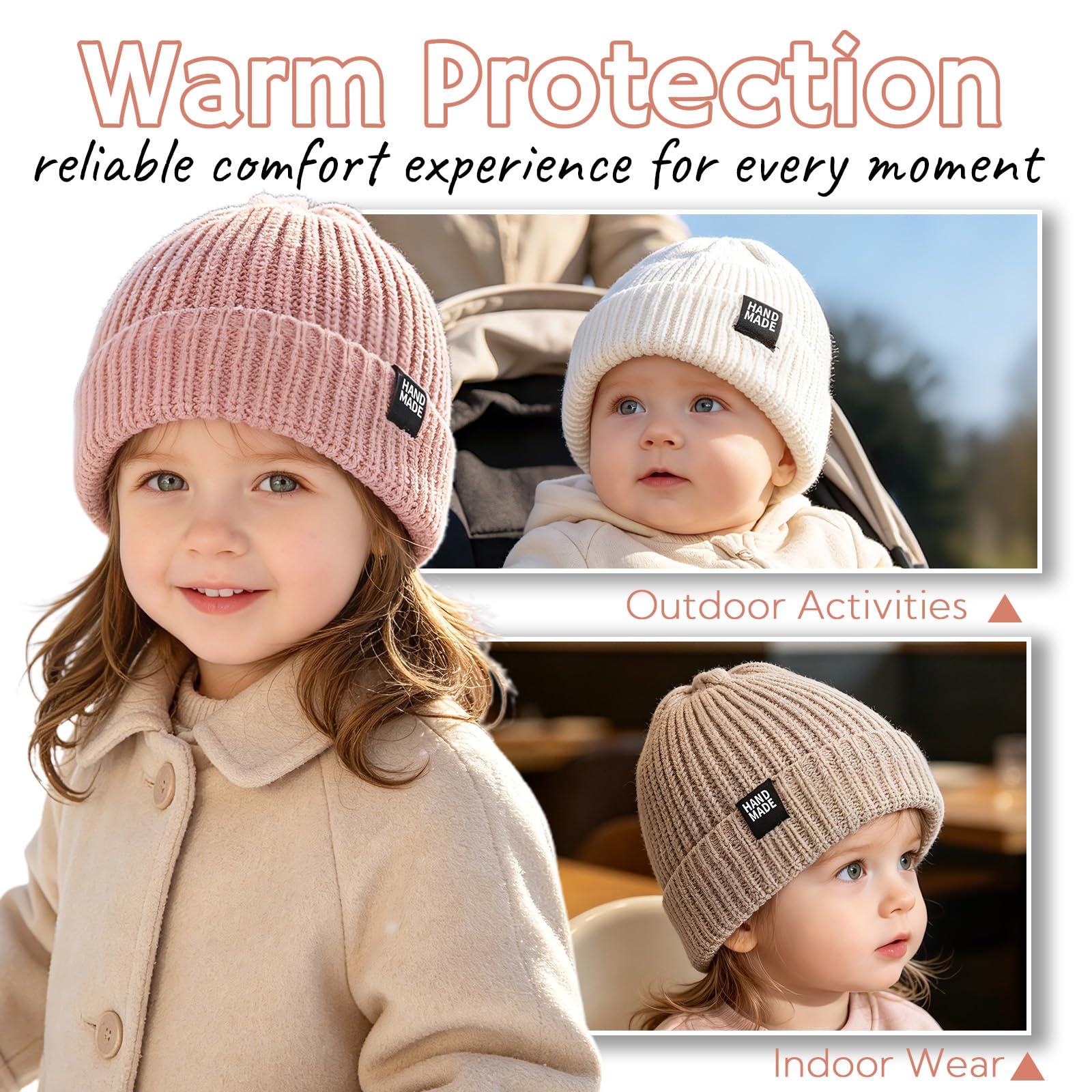 JANGANNSA Simple Knitted Baby Beanie Hip-Hop Boys Winter Hat Toddler Kids Bonnet for Girls 0-5Y (White+Pink+Beige,L)