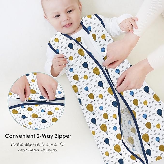 Cute Castle Baby Sleep Sack 6-12 Months - Lightweight 100% Cotton 2-Way Zipper TOG 0.5 Infant Wearable Blanket, Newborn Essentials Toddler Sleep Clothes, 3 Pack(Blue, Balloons, Animals)