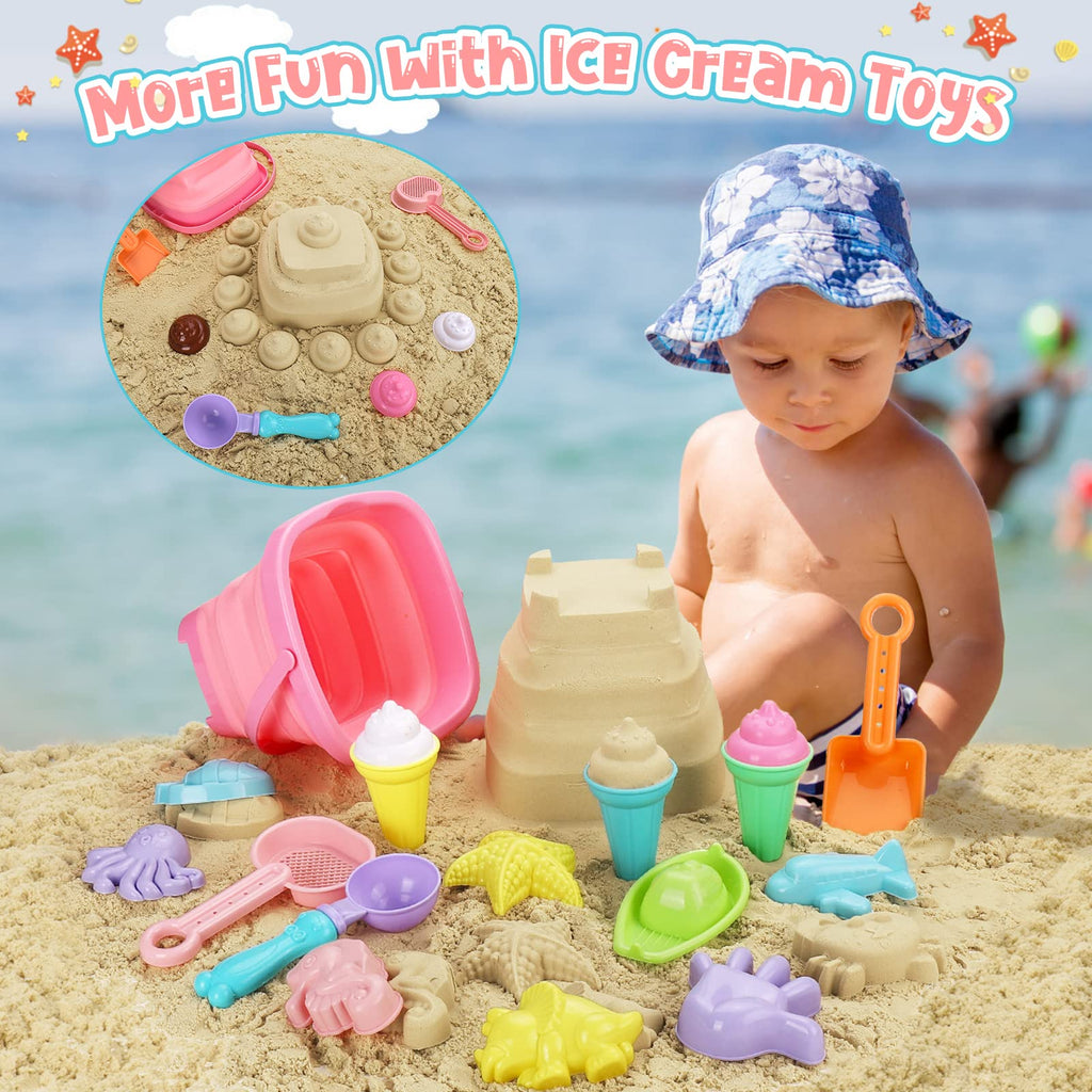 REZUCREY Beach Toys with Ice Cream, Collapsible Buckets for Kids Ages 3-12