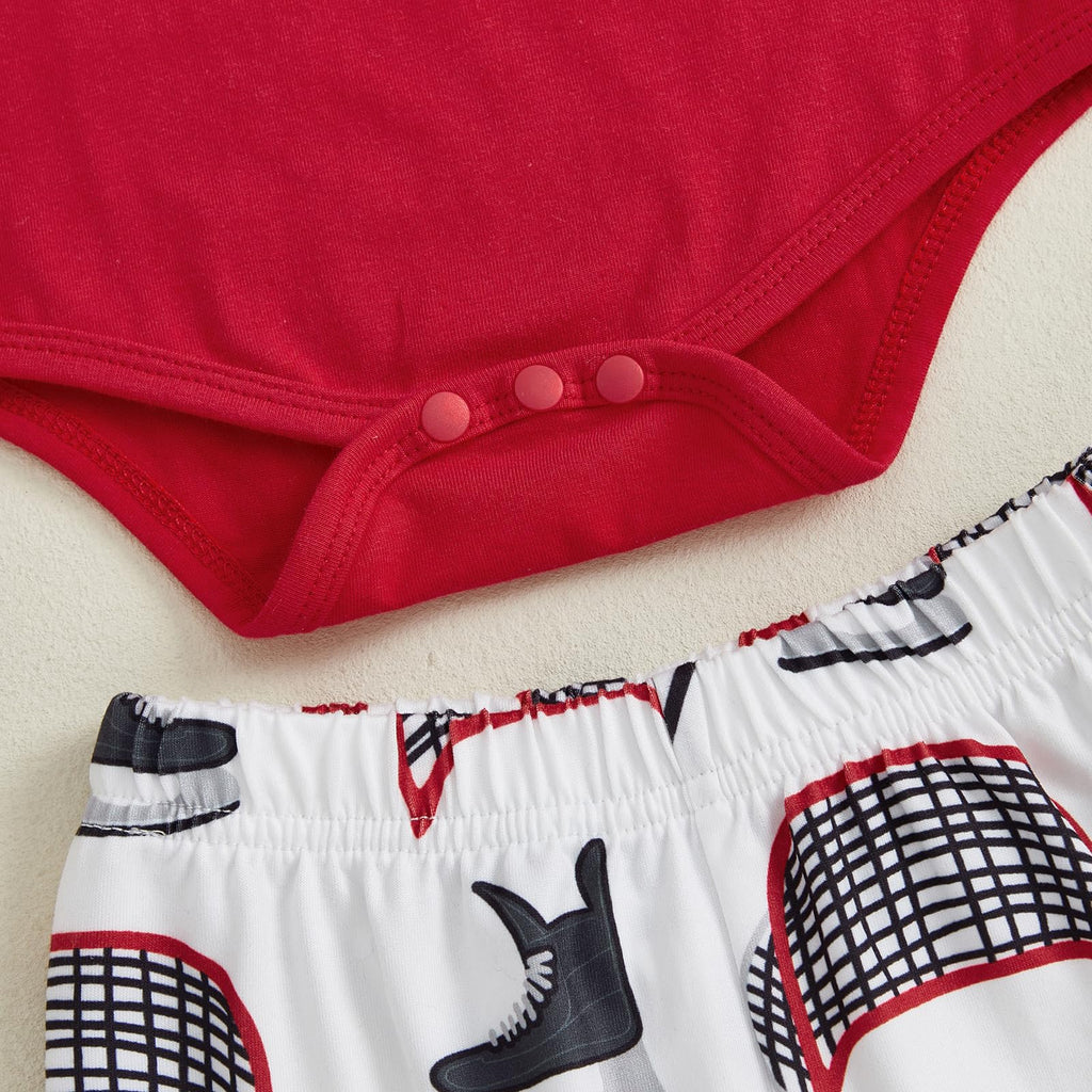 Doqcey Baby Boy Hockey Outfit New Player in Town Long Sleeve Romper Long Pants Hat Set 3Pcs Newborn Fall Winter Clothes (Red, 3-6 Months)