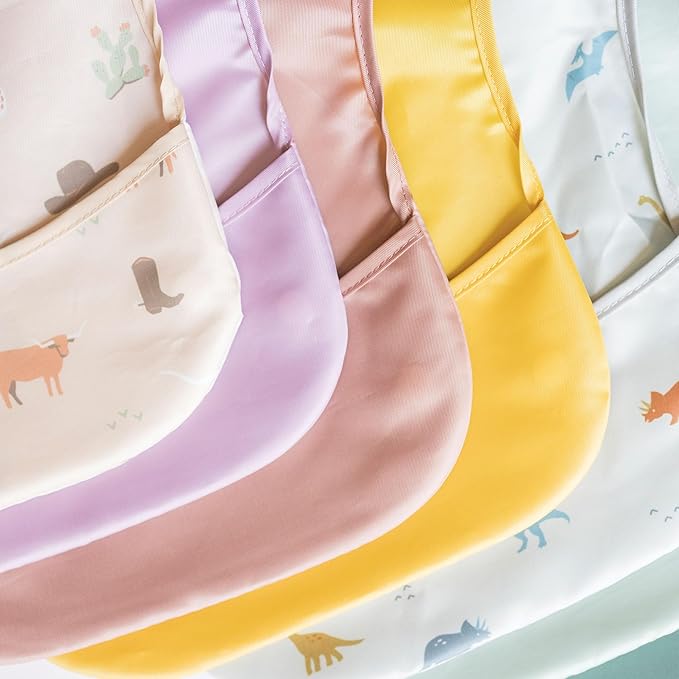 Tiny Twinkle Mess Proof Baby Bibs for Eating – Waterproof, Wipeable Toddler Bibs with Pocket – Baby Food Bibs for Girls & Boys(3 Pack,Taupe, Rose)