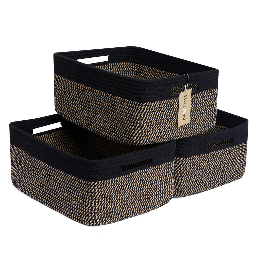 MiniArk Large Storage Baskets for Shelves, 17 x 13 x 7.5” Closet Organizers Bins for Clothes Blanket Towels, Baby Nursery, Toy Baskets Box, Woven Rope Baskets, 3 Packs Woven Brown