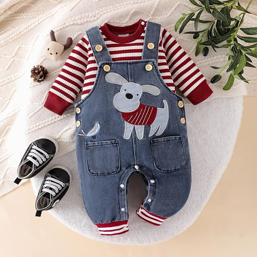 6 Month Boy Baby Clothes Fall Winter Outfits Infant Long Sleeve Striped Romper Cute Dog Cartoon Button Jeans Overalls Pants Set Red 6-9 Months