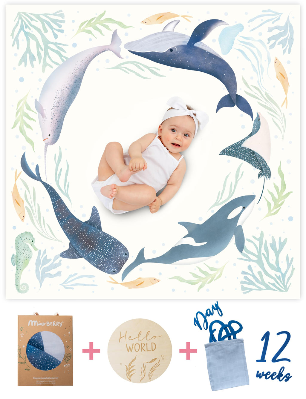 Miaoberry Ocean Baby Milestone Blanket – Monthly Baby Milestone Photo Prop for Boy, Under The Sea Growth Tracker Blanket with Hello World Sign and Registry Must-Have