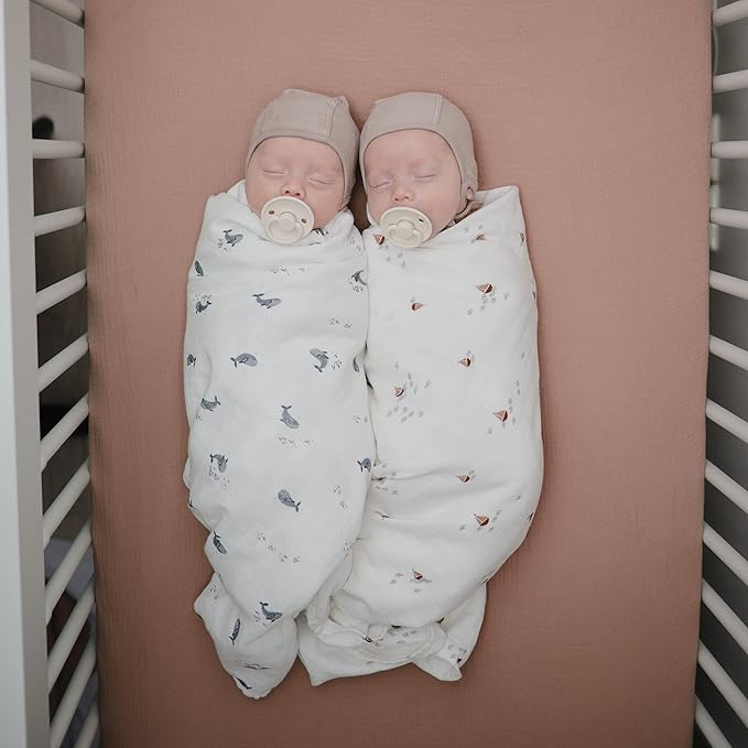 mushie Muslin Baby Swaddle Blanket | 100% Organic Cotton (Whales)