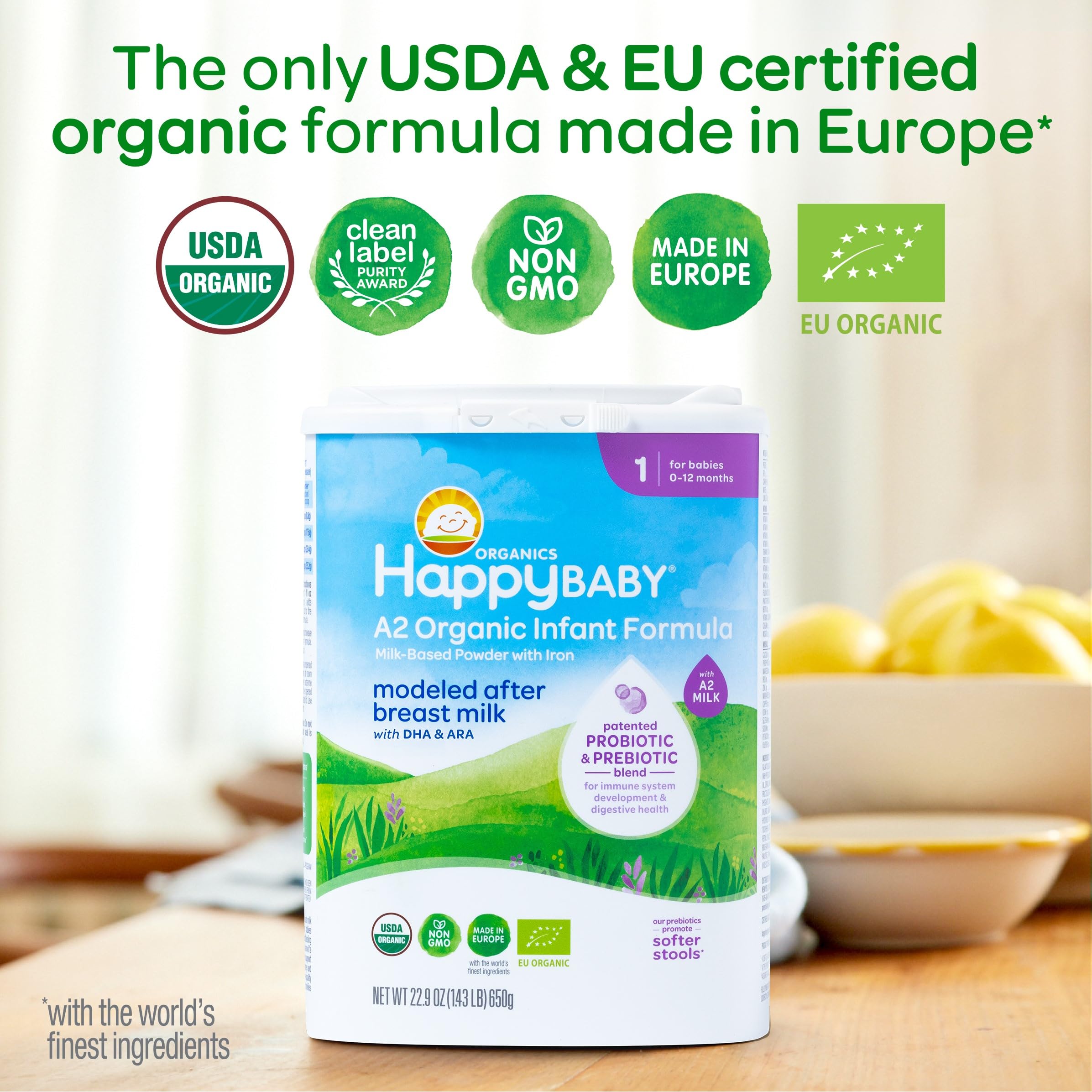 Happy Baby Organics Stage 1 A2 Infant Formula, 0 12 Months, Milk Based Organic Baby Formula Powder with A2 Milk, Probiotics & Prebiotics for Immune & Digestive Support, 22.9 Ounce (Pack of 1)
