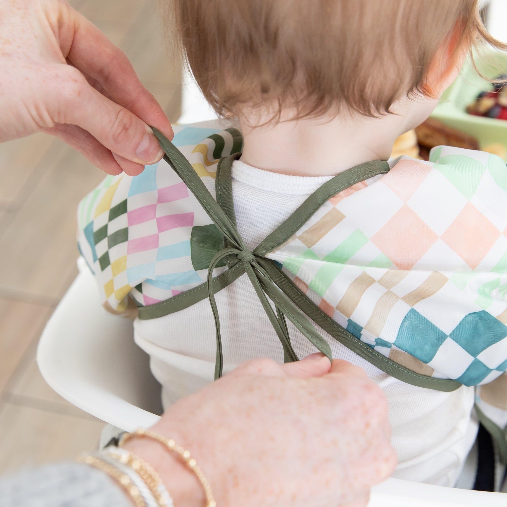 Bumkins Sleeved Bib for Girl or Boy, Baby and Toddler for 6-24 Mos, Essential Must Have for Eating, Feeding, Baby Led Weaning Supplies, Long Sleeve Mess Saving Food Catcher, Soft Fabric, Multi Check