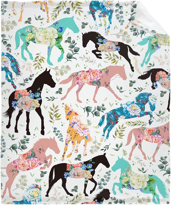 Colorful Floral Horse Blanket for Adults,Flowers Animals Throw Blanket for Girls Boys Lightweight Cute Horse Soft Cozy Flannel Blanket for Kids 90 * 120 Inches