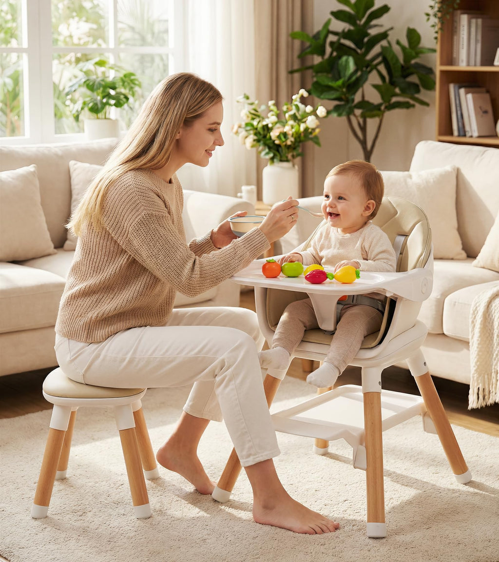 6 in 1 Baby High Chair, Convertible Wooden High Chairs, Beige