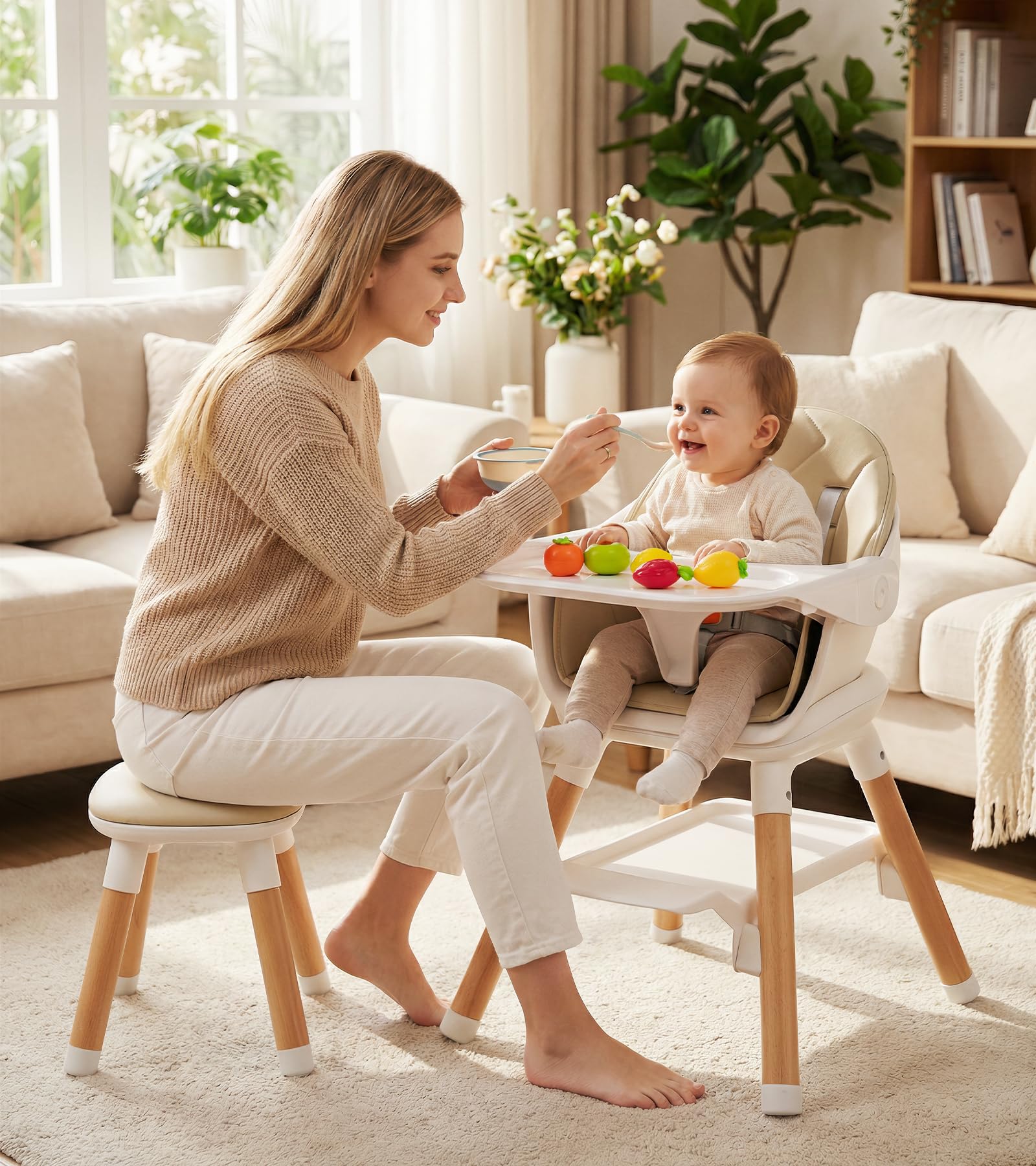 6 in 1 Baby High Chair, Convertible Wooden High Chairs, Beige