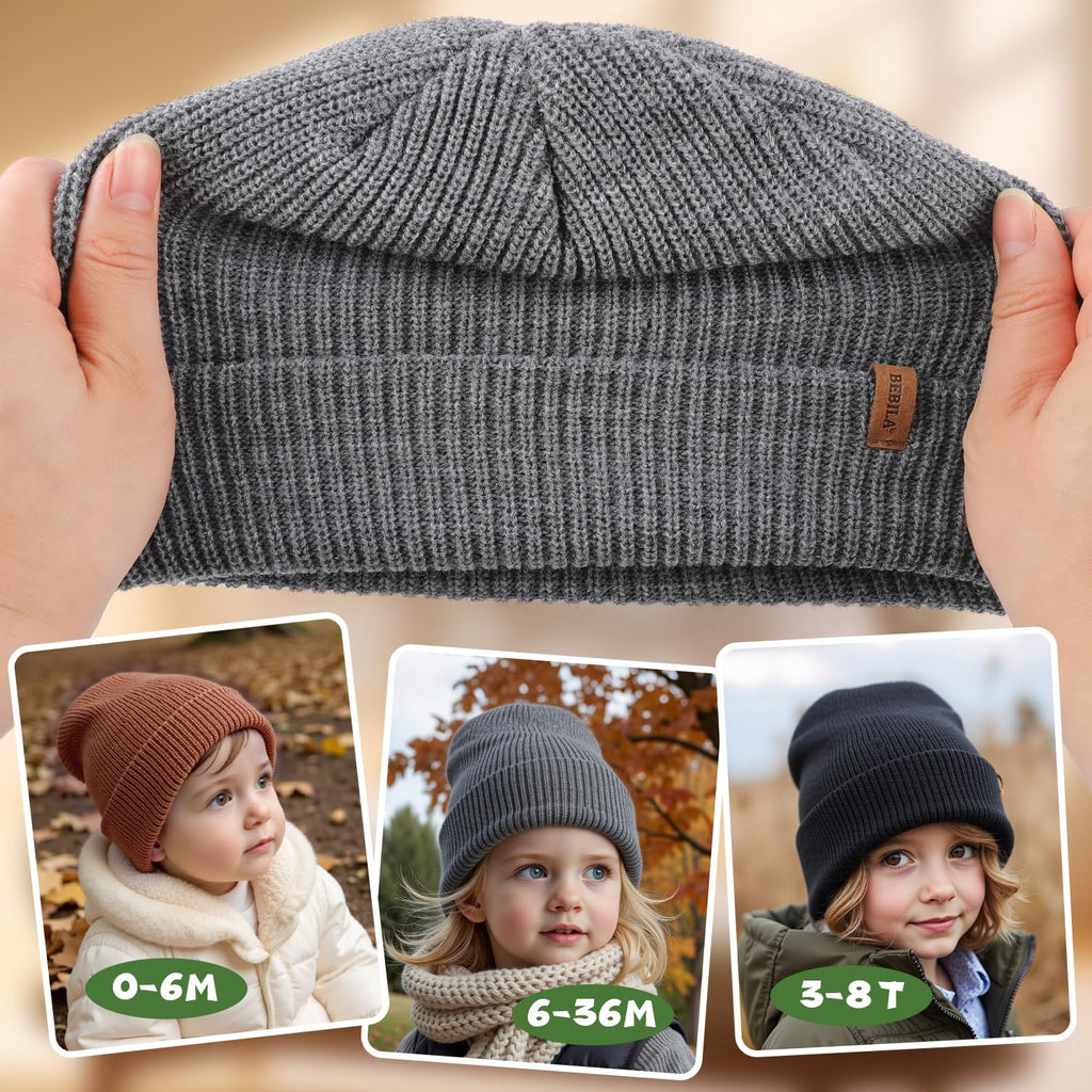 Bebila Baby Beanie Toddler Infant Winter Hats Knit Warm Caps for Boys Girls (US, Age, 6 Months, 36 Months, Grey+Black+Caramel)