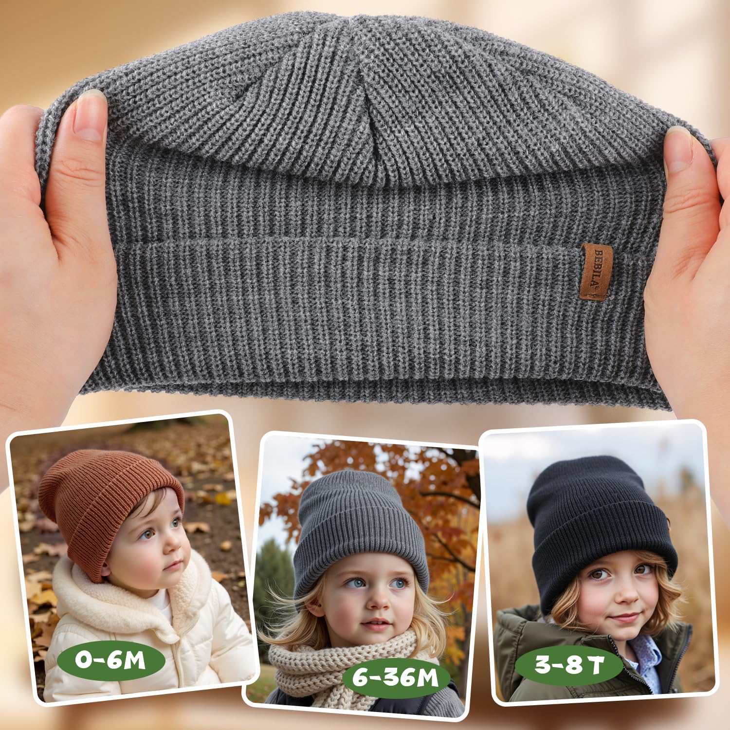 Bebila Baby Beanie Toddler Infant Winter Hats Knit Warm Caps for Boys Girls (US, Age, 6 Months, 36 Months, Grey+Black+Caramel)