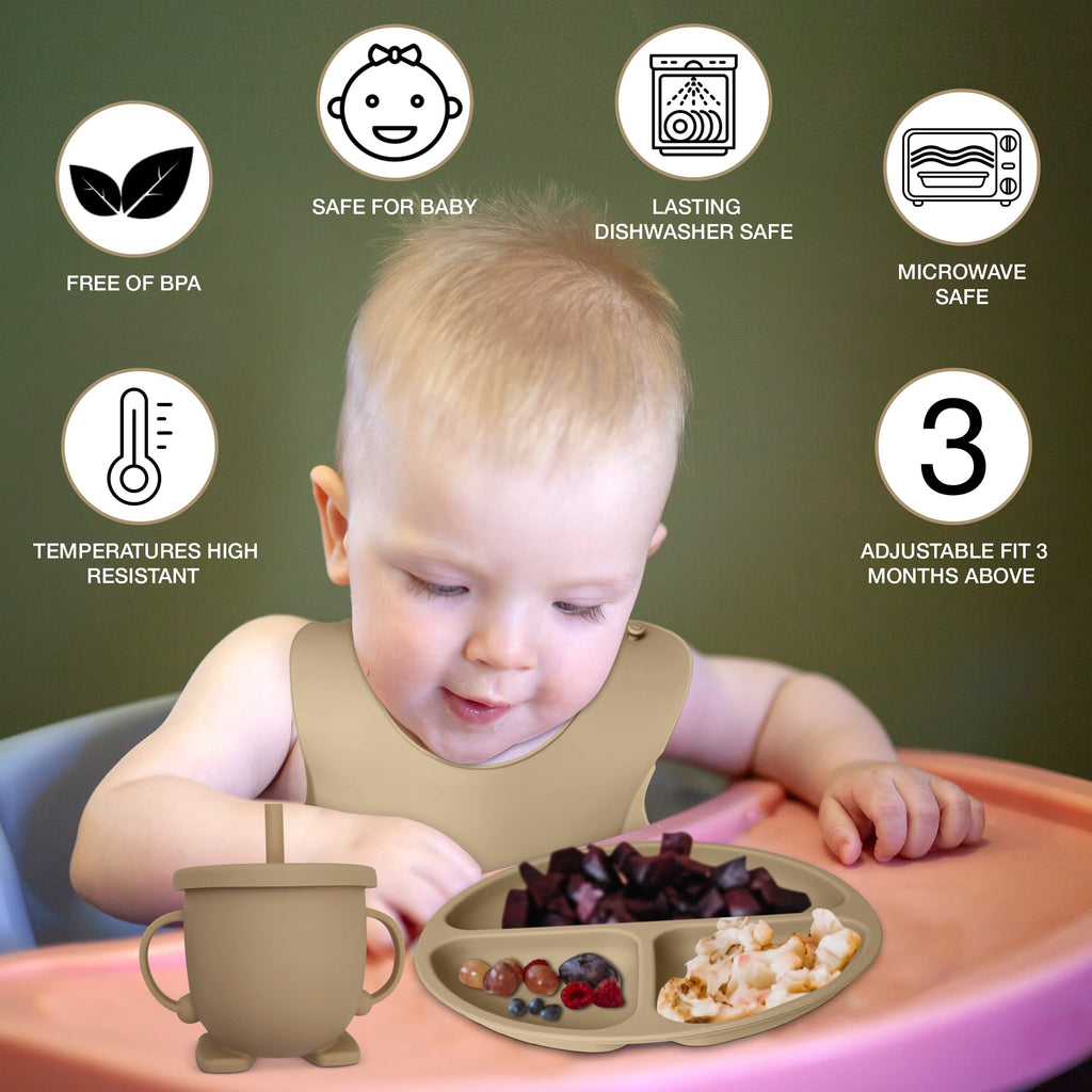 Mutualproducts - Baby Feeding Set 10-Piece | Baby Led Weaning Utensils Set Includes Suction Bowl and Plate, Baby Spoon and Fork, Sippy Cup, Straw, Lid & 2Bibs | Baby Feeding Supplies (B-Beige)