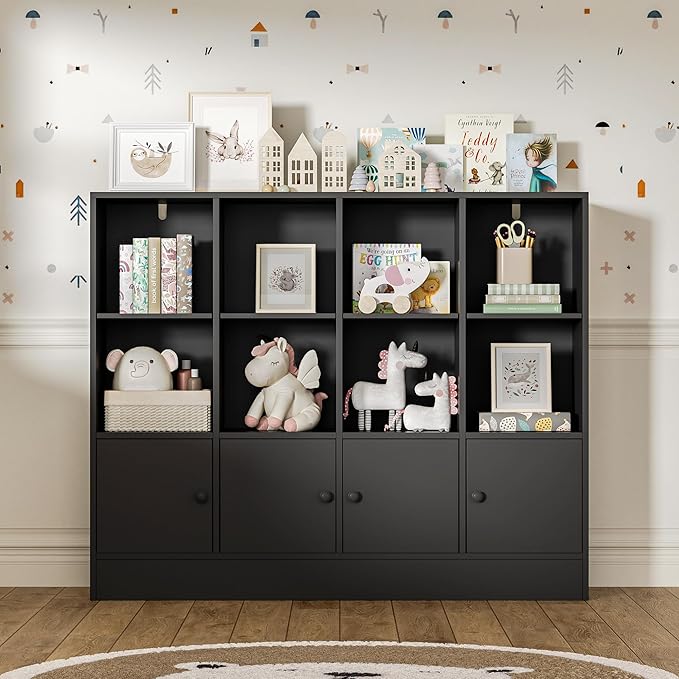 Black Bookshelf, Wood Bookcase with 3 Tier Shelves, 12 Cube Storage Organizer with Doors for Bedroom, Living Room, 47.8" W x 39.1" H