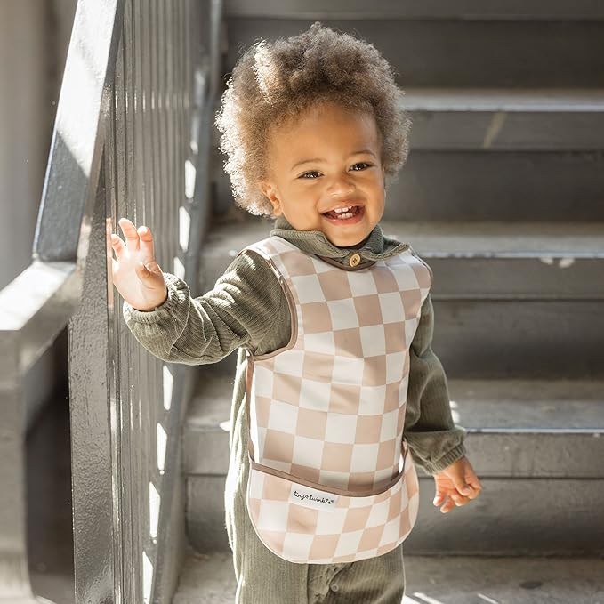 Twinkle Short Sleeve Apron Baby & Toddler Bib – Waterproof, Mess-Proof Bibs for Eating & Feeding, Machine Washable, Perfect Holiday Gift (Black Checkers, 6–24M)