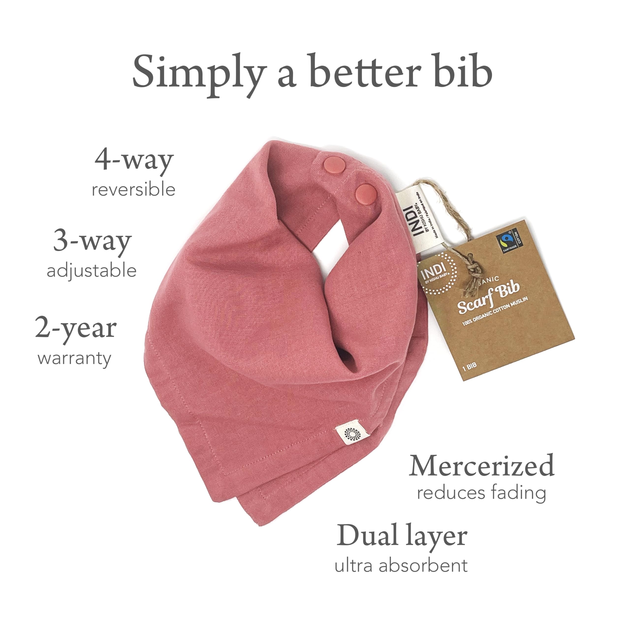 Kishu Baby Indi Organic Baby Bandana Bibs – Fairtrade 4-Way Reversible Drool Bibs for Boys & Girls – Unisex (Set of 5) (Dusty Rose)