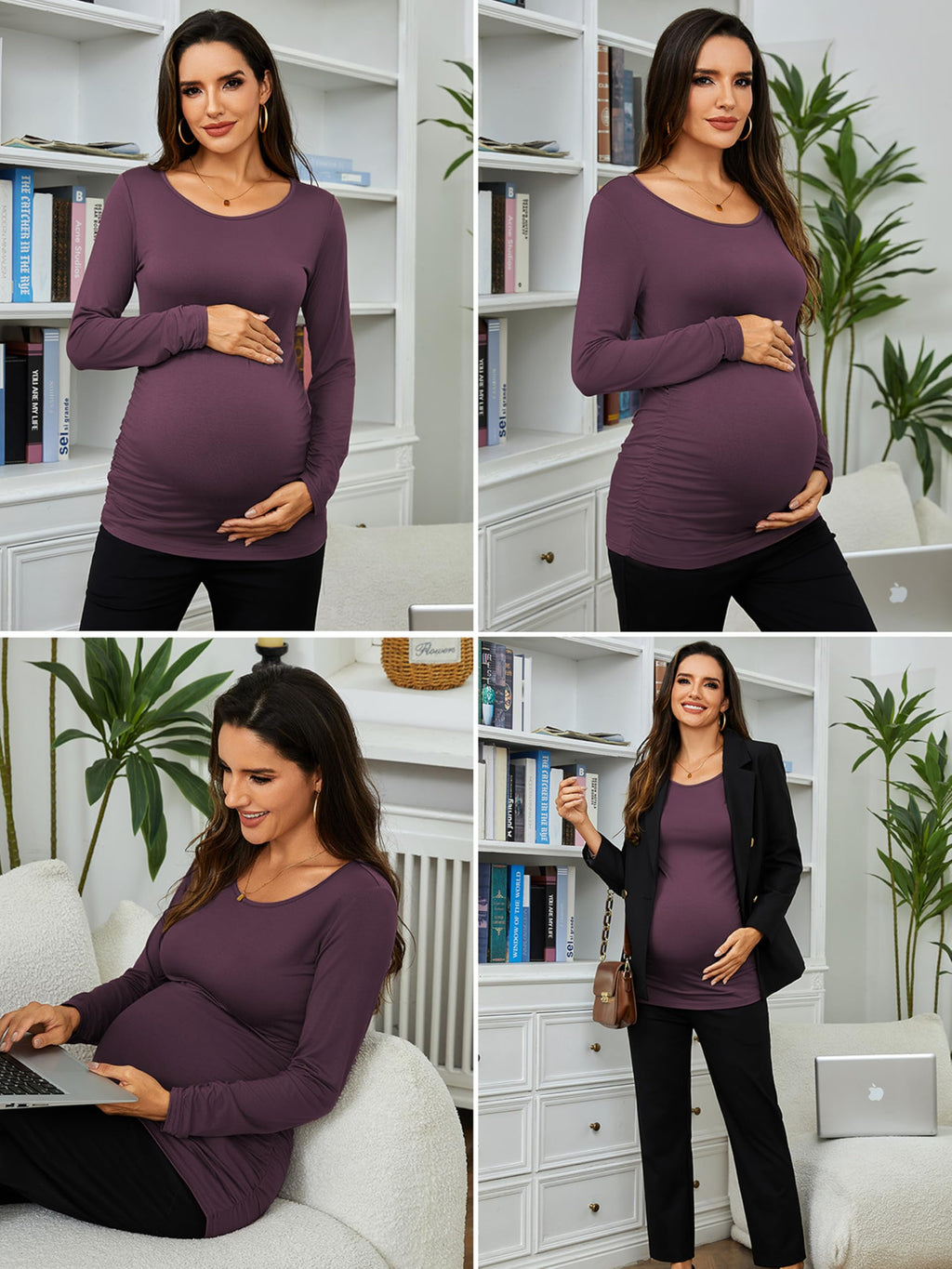 Ecavus Women's 3-Pack Maternity Shirts Long Sleeve Soft Stretchy Pregnancy Tops Side Ruched Casual Mama Clothes