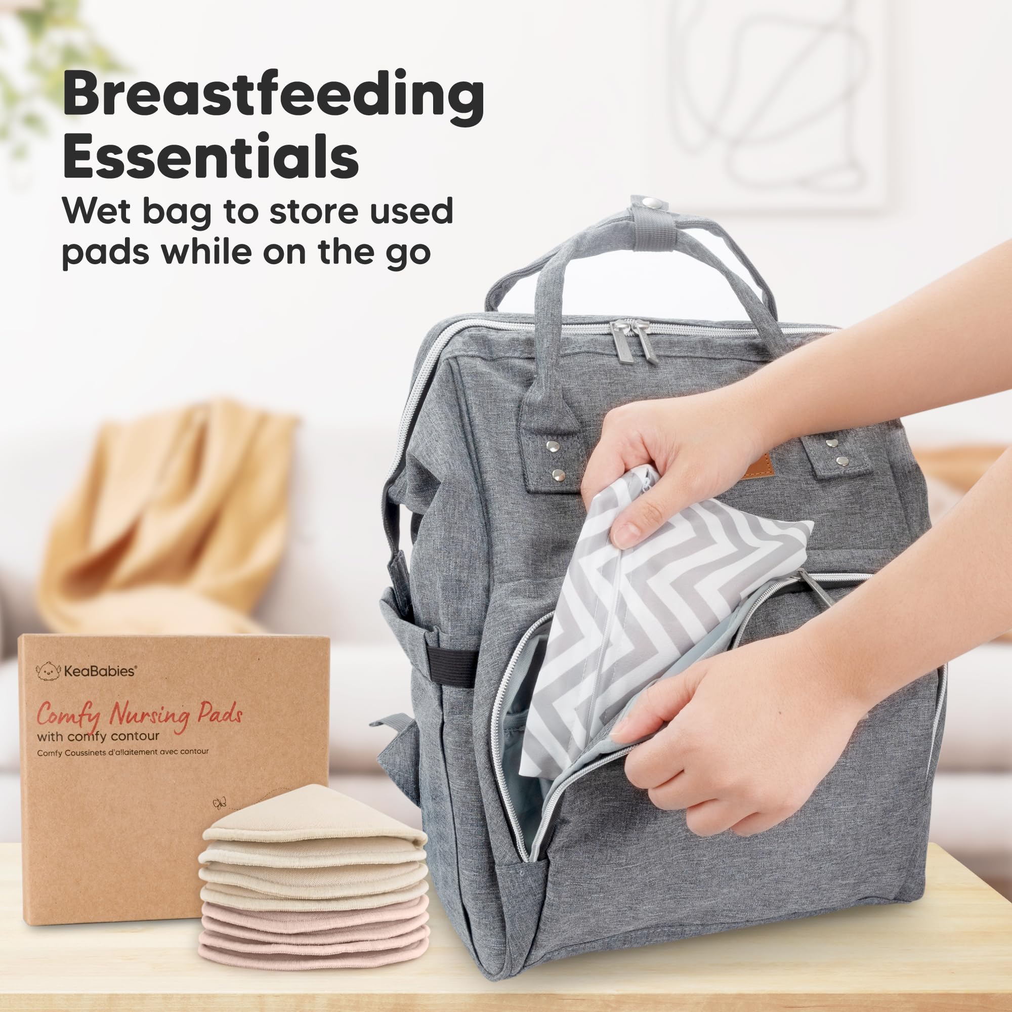 Organic Nursing Pads, 8 Washable Breast Pads,Wash Bag (Neutrals, L 5")