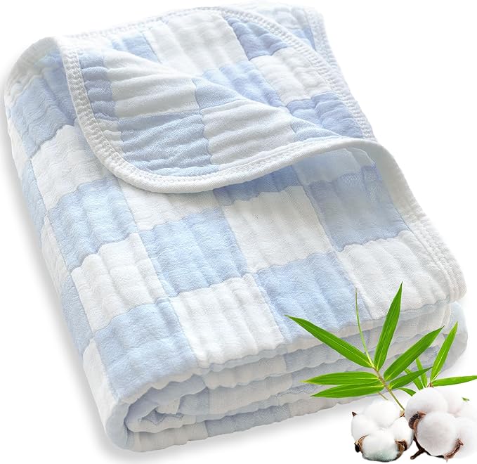 Muslin Baby Blankets for Boys Girls, 70% Cotton and 30% Rayon Blanket for Infant Toddler, Super Soft and Lightweight Blankets with Checkerboard Design Blue 43 x 43 Inches
