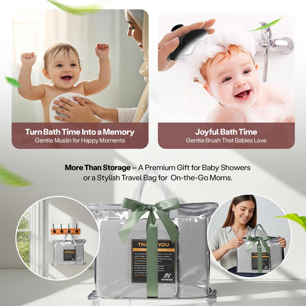 Mohmoud Comfortable Baby Bath Kneeler and Elbow Rest Pad Set — Kneeling Pad for Bathing Baby, Relieves Knee and Elbow Pain, Non-Slip Bathtub Kneeling Pad with Toy Organizer, Bonus Brush and Washcloth
