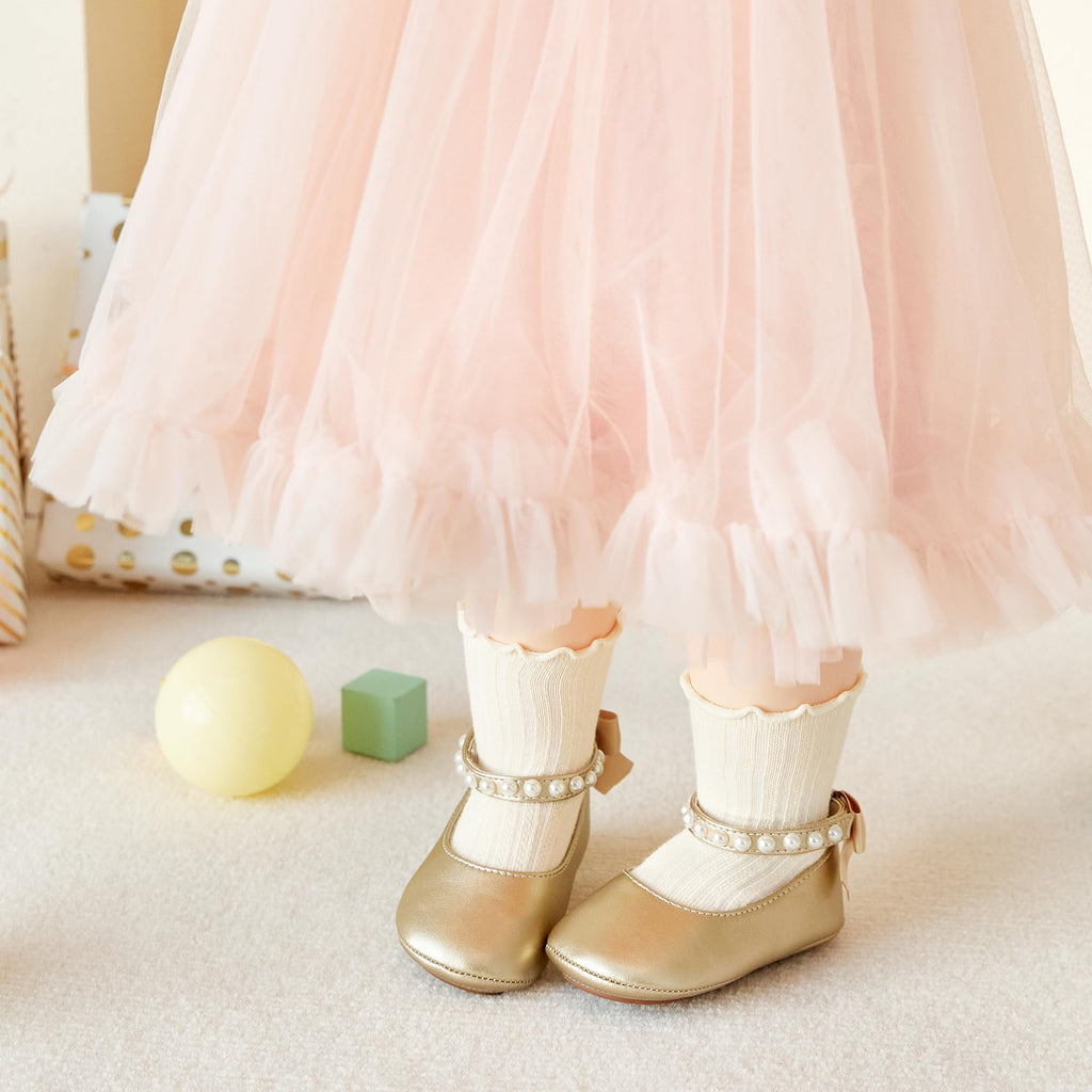 PHIRAMIN Baby Girls Gold Mary Jane Flats - Infant 6-9 Months Walking Shoes Soft Rubber Sole Princess Wedding