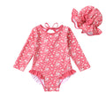 Infant Baby Girls Long Sleeve One Piece Swimsuit with Hat Floral Zipper Bathing Suit Leopard Beach Wear (Rose Red Edged Floral Fragments，18-24Months)