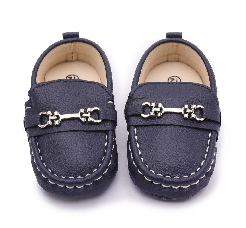 LONSOEN Infant Shoes Boys Loafers Baby Girls Crib Moccasins Classic Synthetic Leather Wedding Dress Shoes,BAY209 Deep Blue 0-6 Months