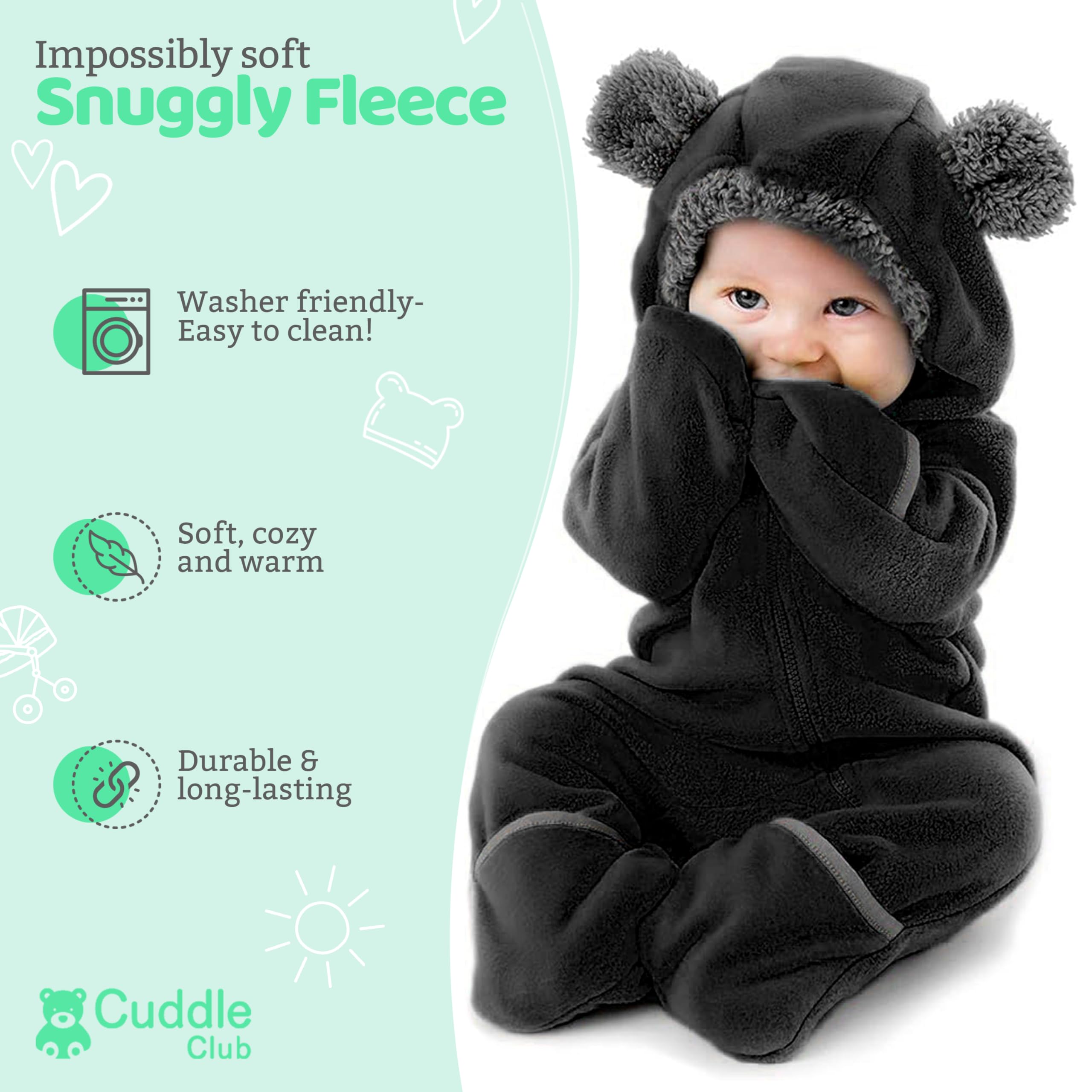 Cuddle Club Fleece Baby Bunting Bodysuit – Infant One Piece Kids Hooded Romper Outerwear Toddler Jacket