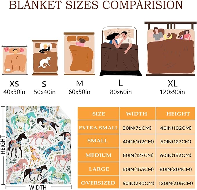 Colorful Floral Horse Blanket for Adults,Flowers Animals Throw Blanket for Girls Boys Lightweight Cute Horse Soft Cozy Flannel Blanket for Kids 90 * 120 Inches