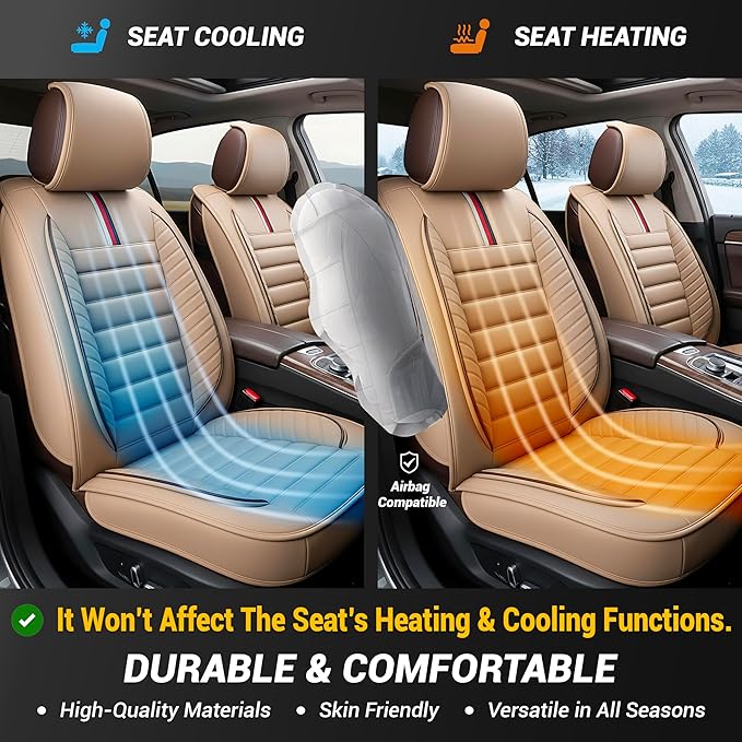 OASIS AUTO Car Seat Covers Premium Waterproof Faux Leather Cushion Universal Accessories Fit SUV Truck Sedan Automotive Vehicle Auto Interior Protector Full Set (OS-001 Tan)