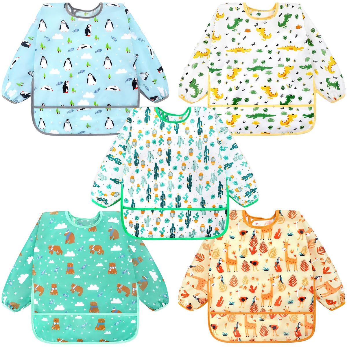 Accmor 5 Pack Long Sleeve Bibs, Baby Smock Waterproof Sleeved Bib Smock for Baby Toddler 6-24 Months
