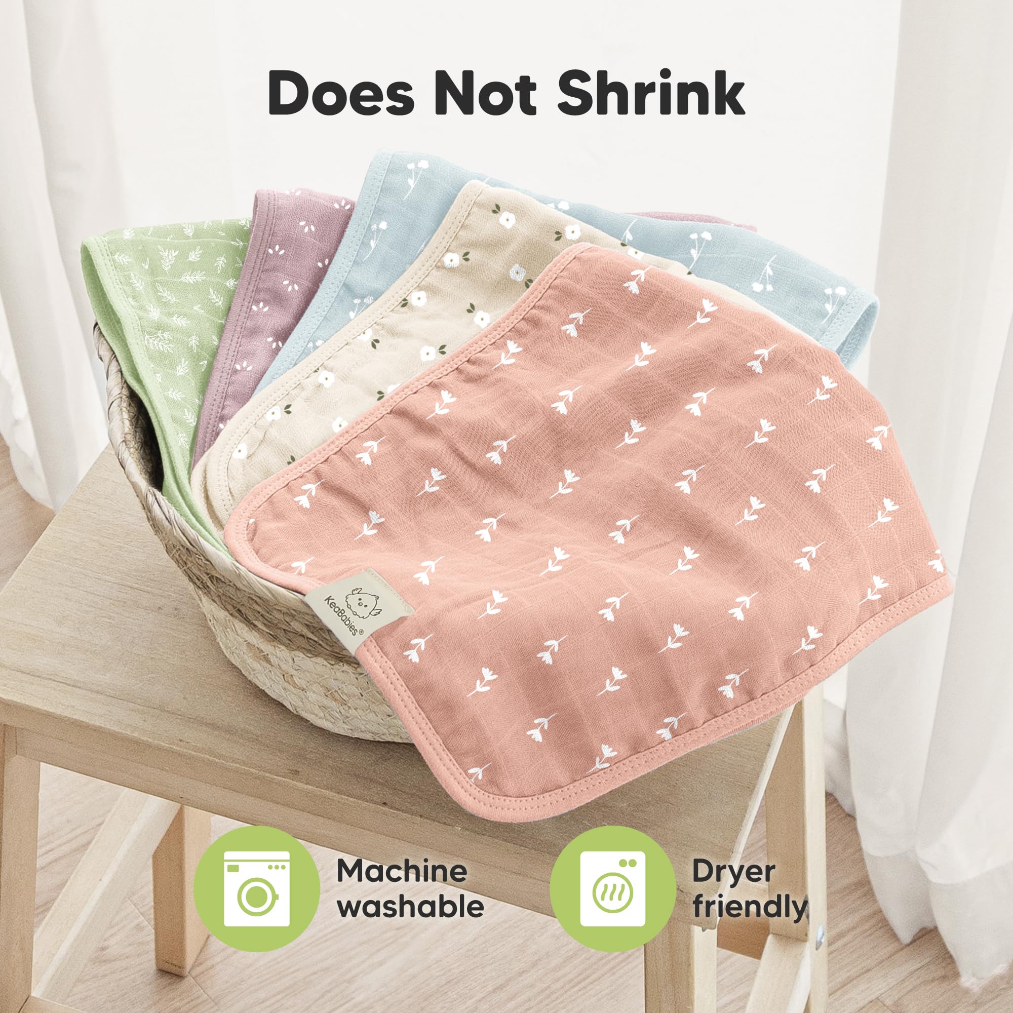 KeaBabies Cotton Muslin Burp Cloths Baby Boy, Girl, 5-Pack 20x10 (Wild Bloom)