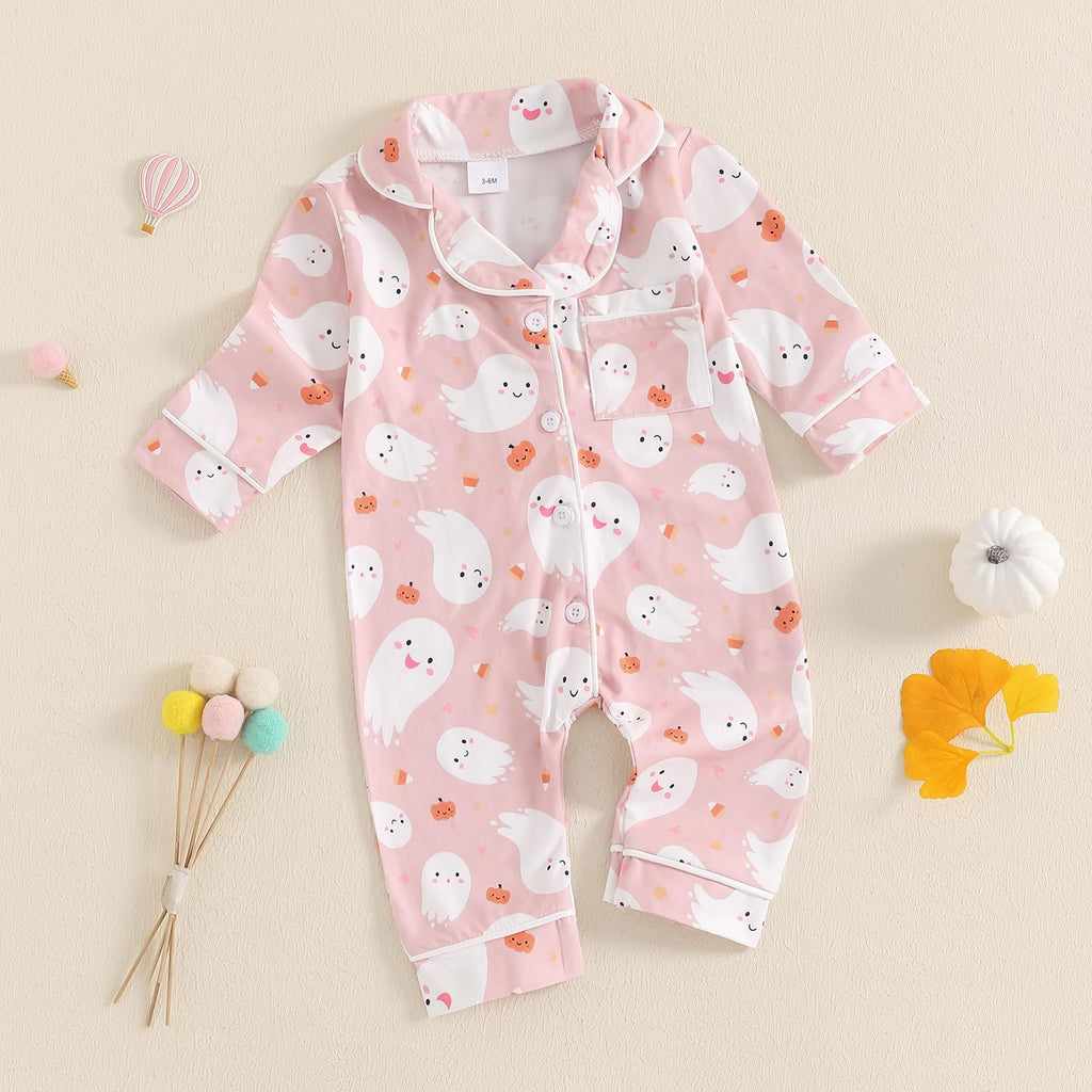 Balaflyie Baby Girl Button Down Pajamas Romper One-Piece Jumpsuit Long Sleeve Sleeper Infant Sleepwear (Ghost&Pink,18-24 Months)