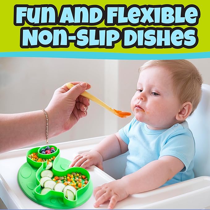 Dinosaur Silicone Compartment Plates- 3 PK T-Rex - Large Divided Sections for Easy Grabbing Baby Food Training, Non-Slip Unbreakable Material, Flexible Shapes for Toddlers, Kids - BPA Free, Food Safe